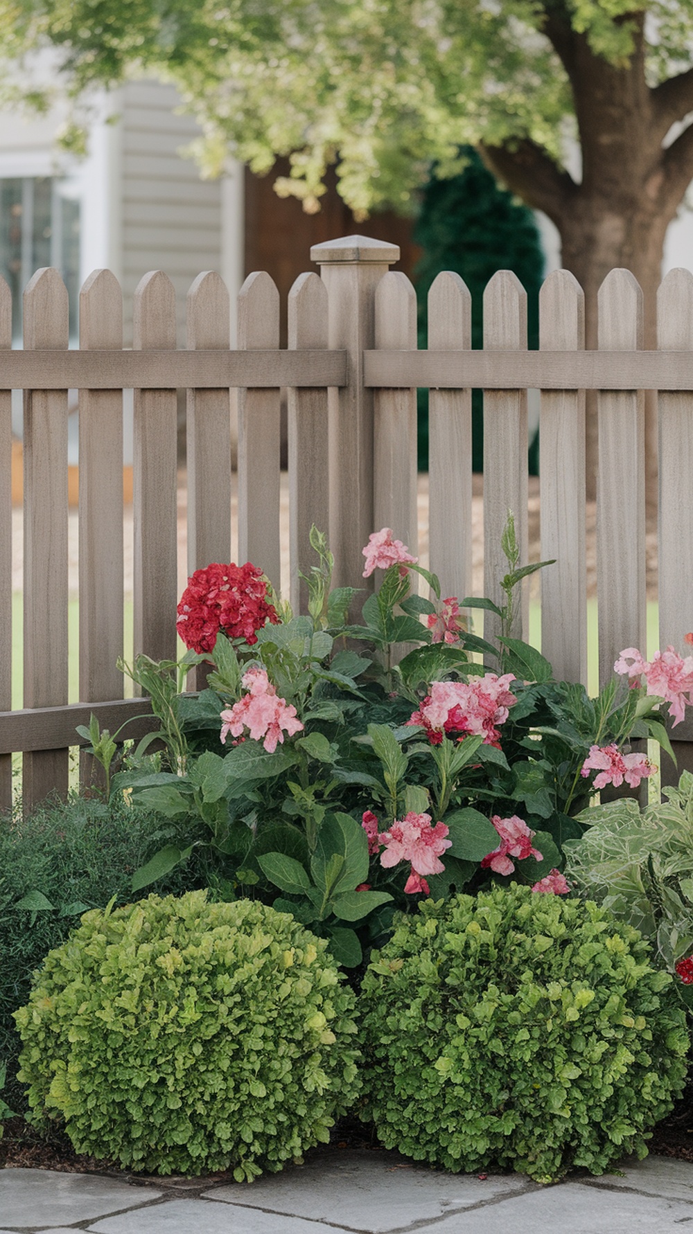 A corner flower bed featuring pink flowers and round green bushes beside a wooden fence.