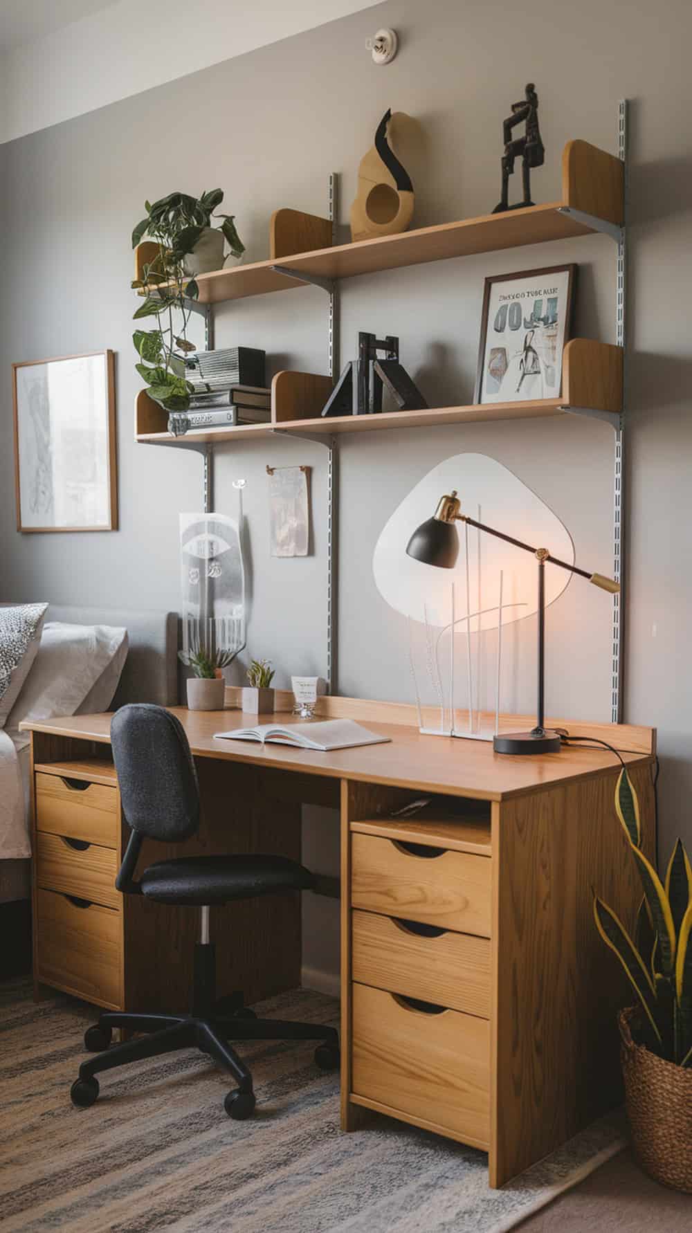 Stylish desk setup with good lighting and storage options in a boy's dorm room
