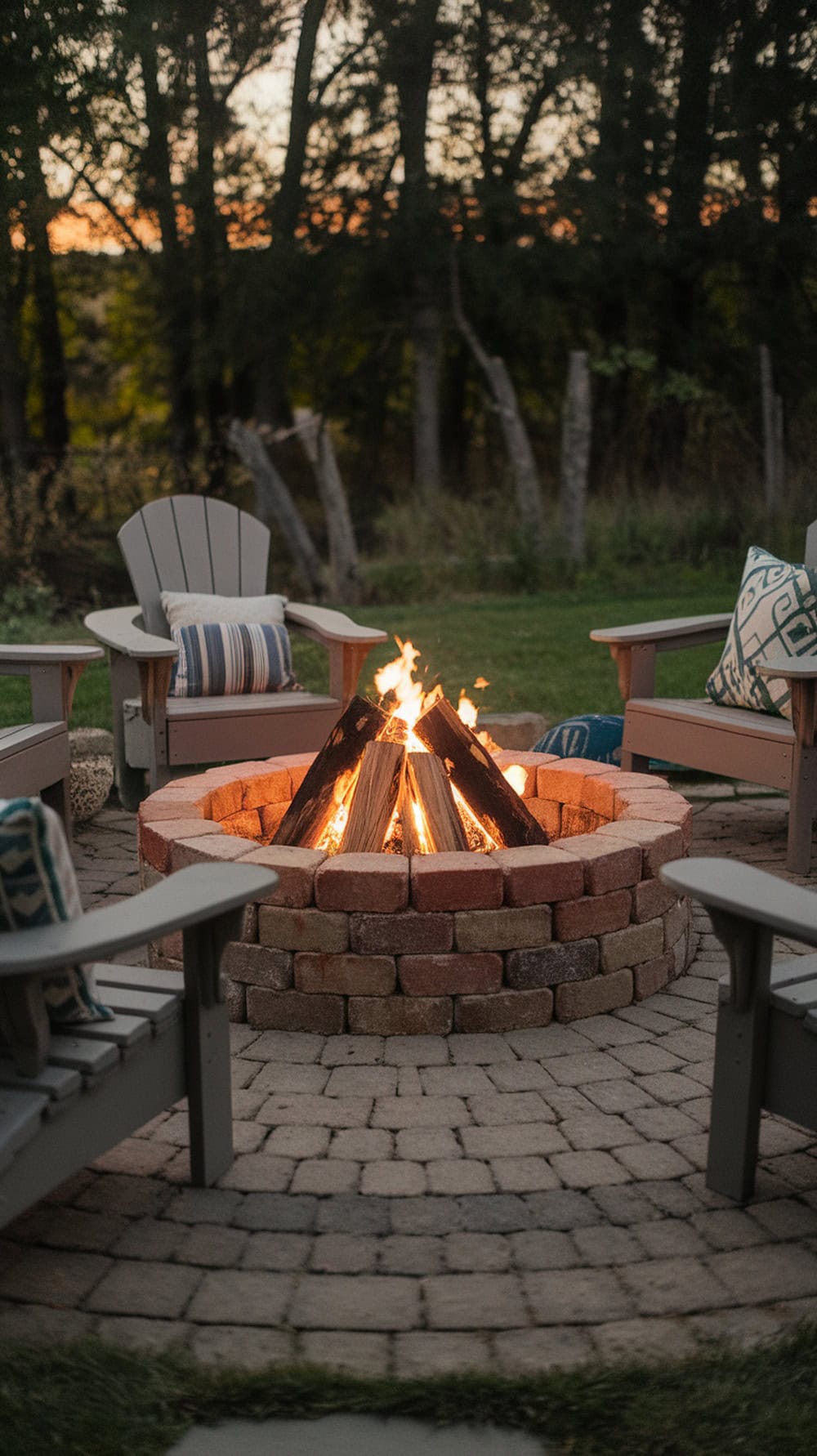 Cozy DIY fire pit made with pavers, surrounded by chairs and grass.