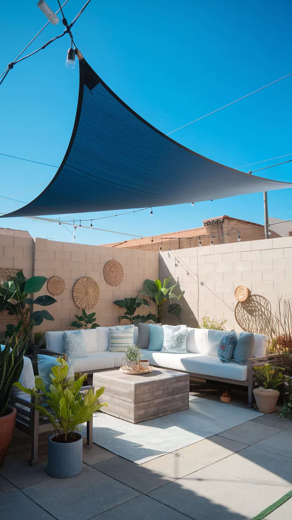 A back patio with a DIY shade sail made from a canvas or drop cloth, providing a cozy outdoor space.
