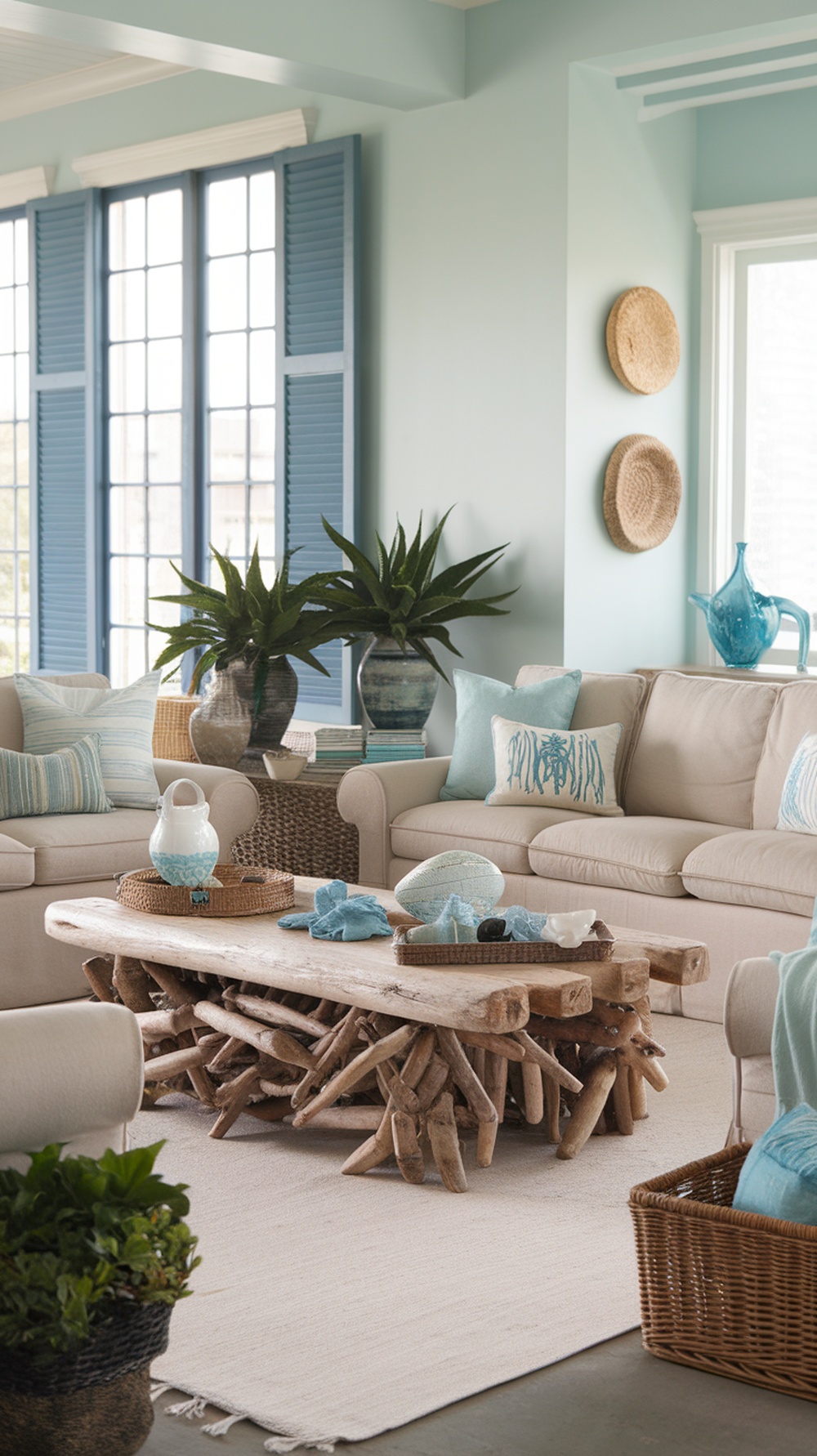 Living room featuring a driftwood coffee table with natural decor elements.