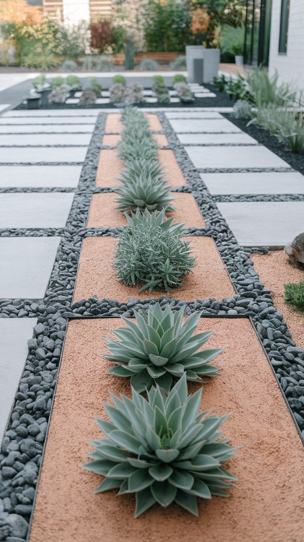 Neatly arranged drought-tolerant plants in rows with stone paths