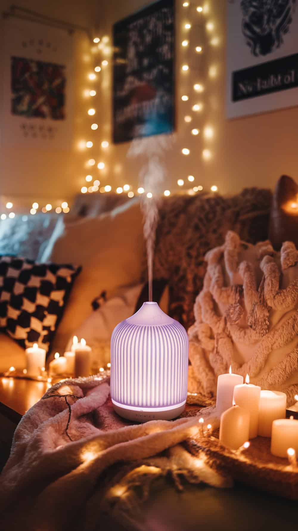 A cozy dorm room with an essential oil diffuser emitting steam, surrounded by candles and string lights.