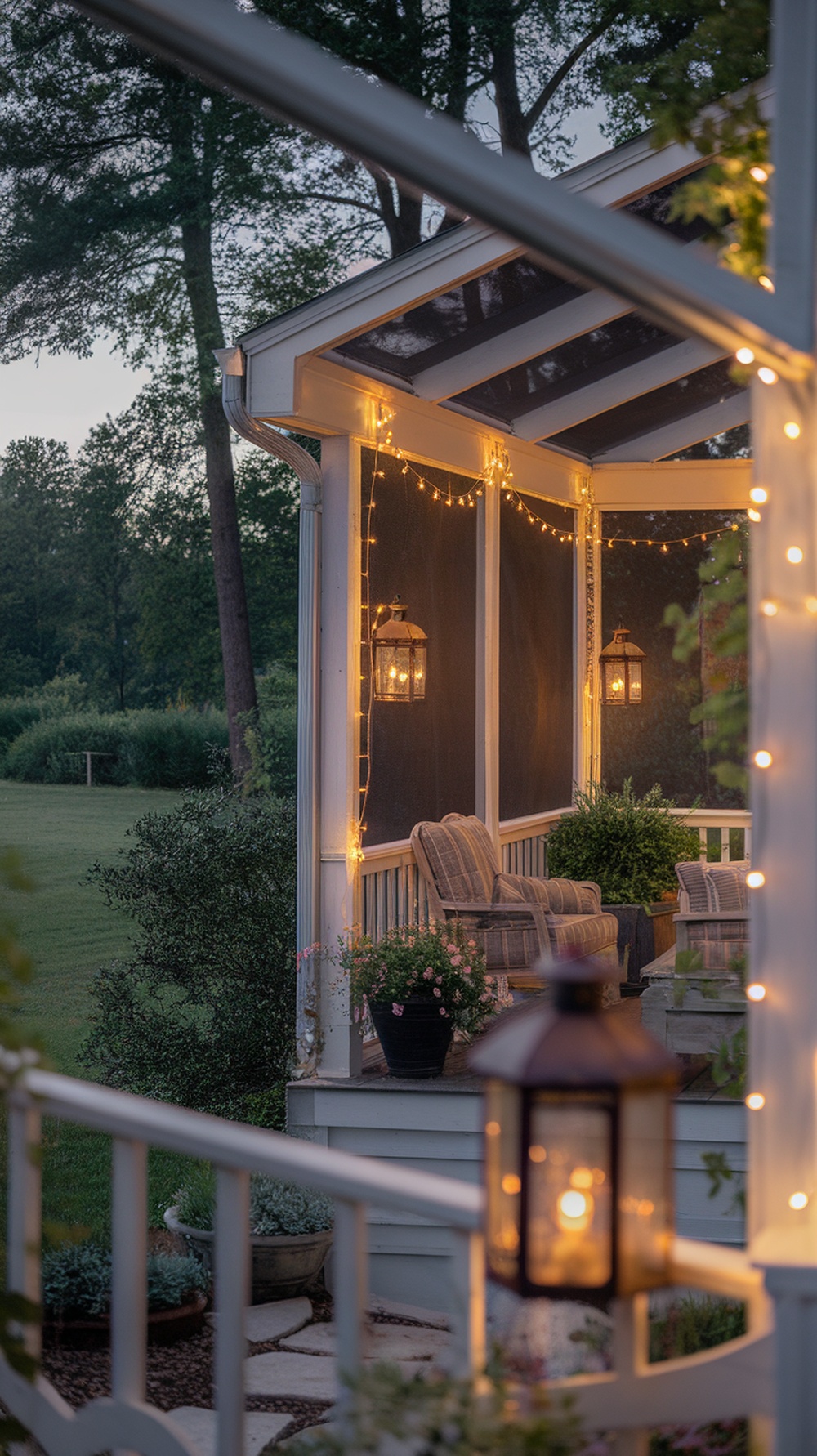 A cozy screened-in porch with fairy lights and lanterns for a warm glow