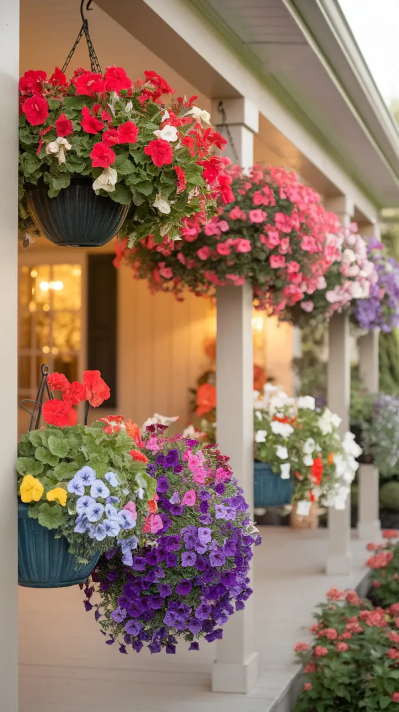 Hanging baskets filled with colorful flowers on a front porch