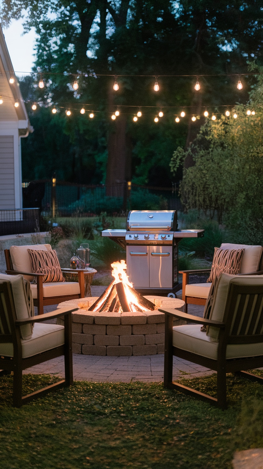 Cozy backyard fire pit with seating and a grill.
