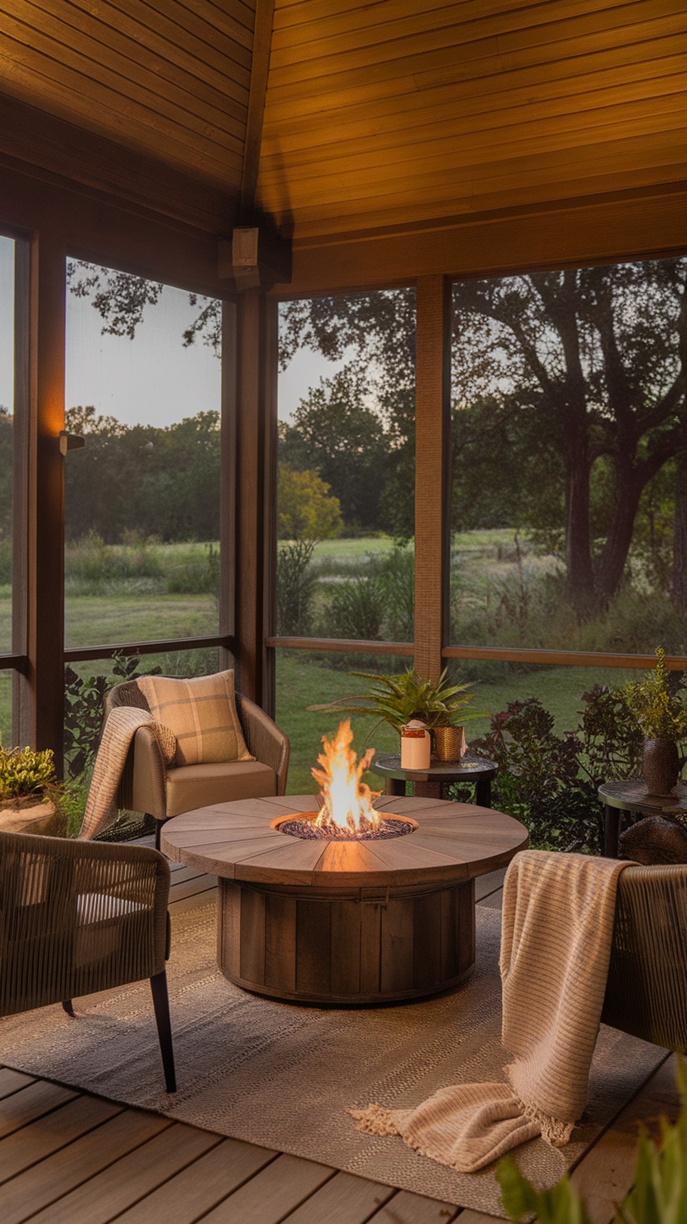 Cozy screened-in porch with a fire pit table and comfortable seating.
