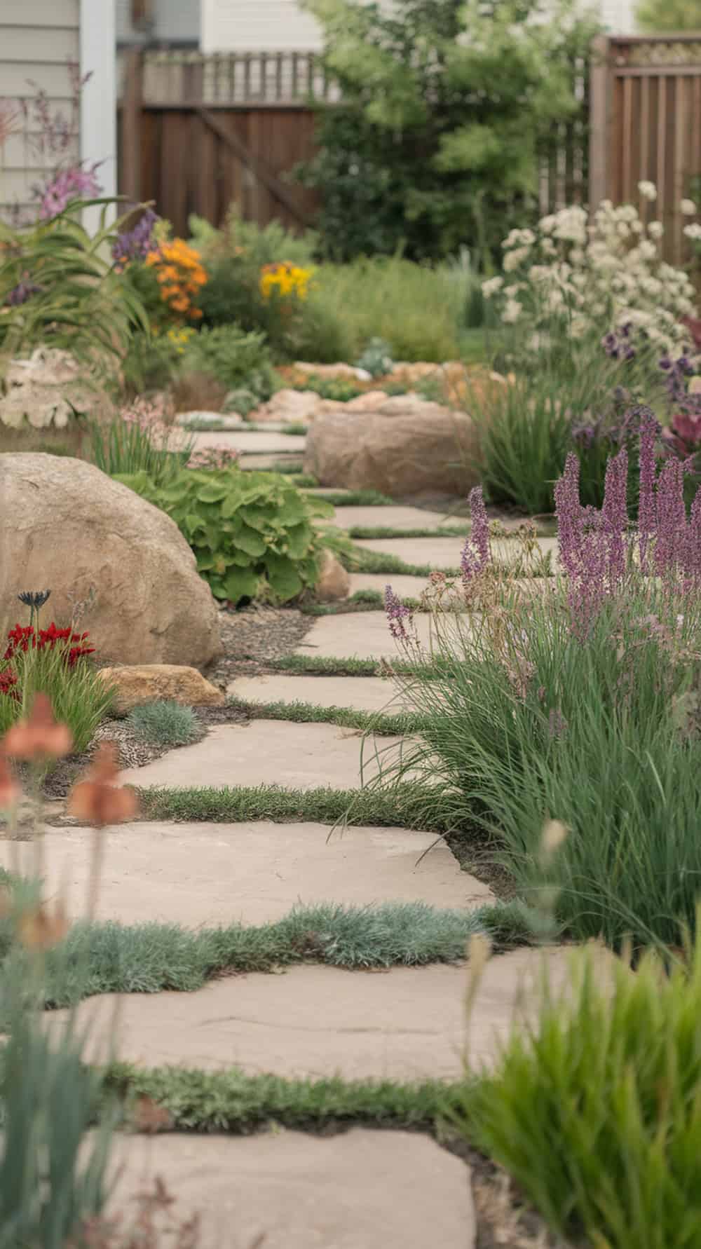 Garden pathway made of flat rocks surrounded by plants and flowers.