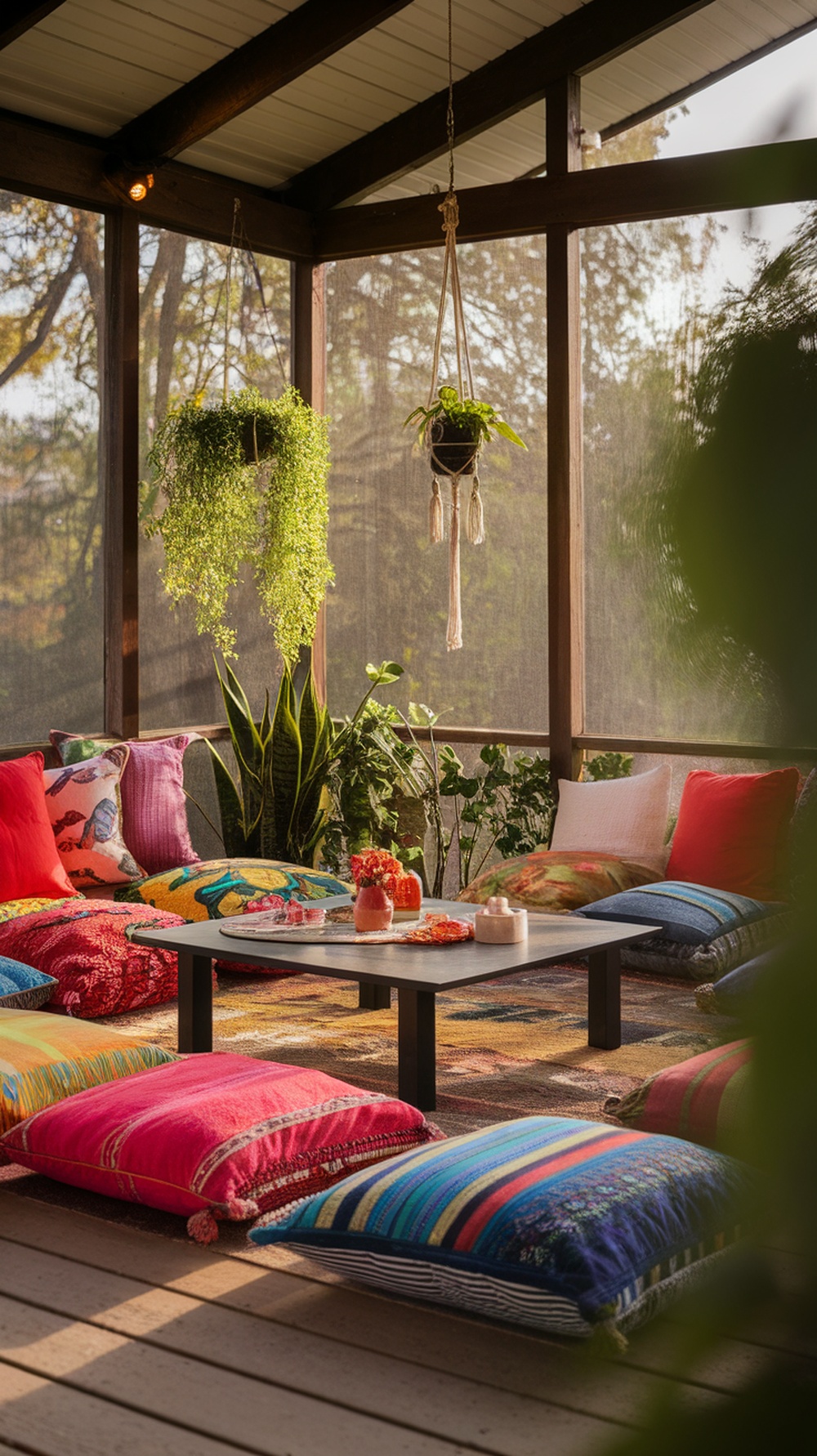 Colorful floor cushions arranged in a cozy screened-in porch, surrounded by greenery and a low table.