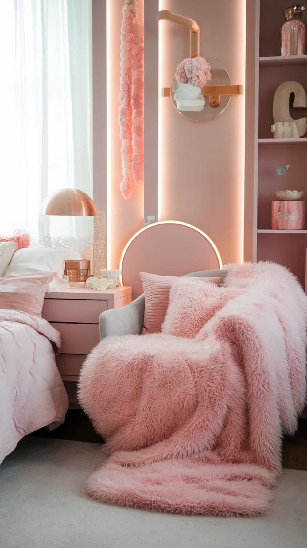 Fluffy pink blanket draped over a light gray chair in a stylish dorm room