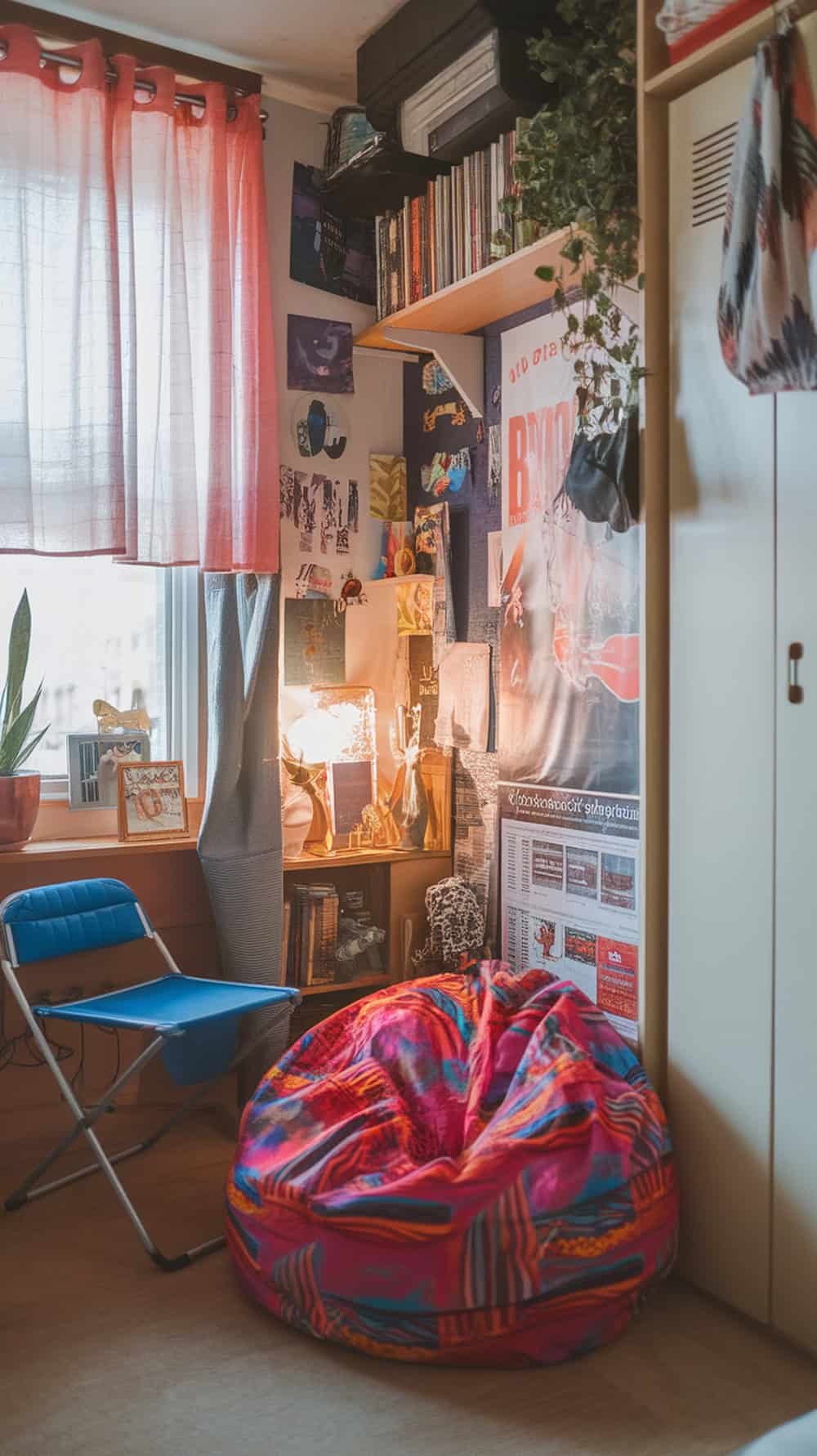 A colorful bean bag and a foldable chair in a boy dorm room with decorations.