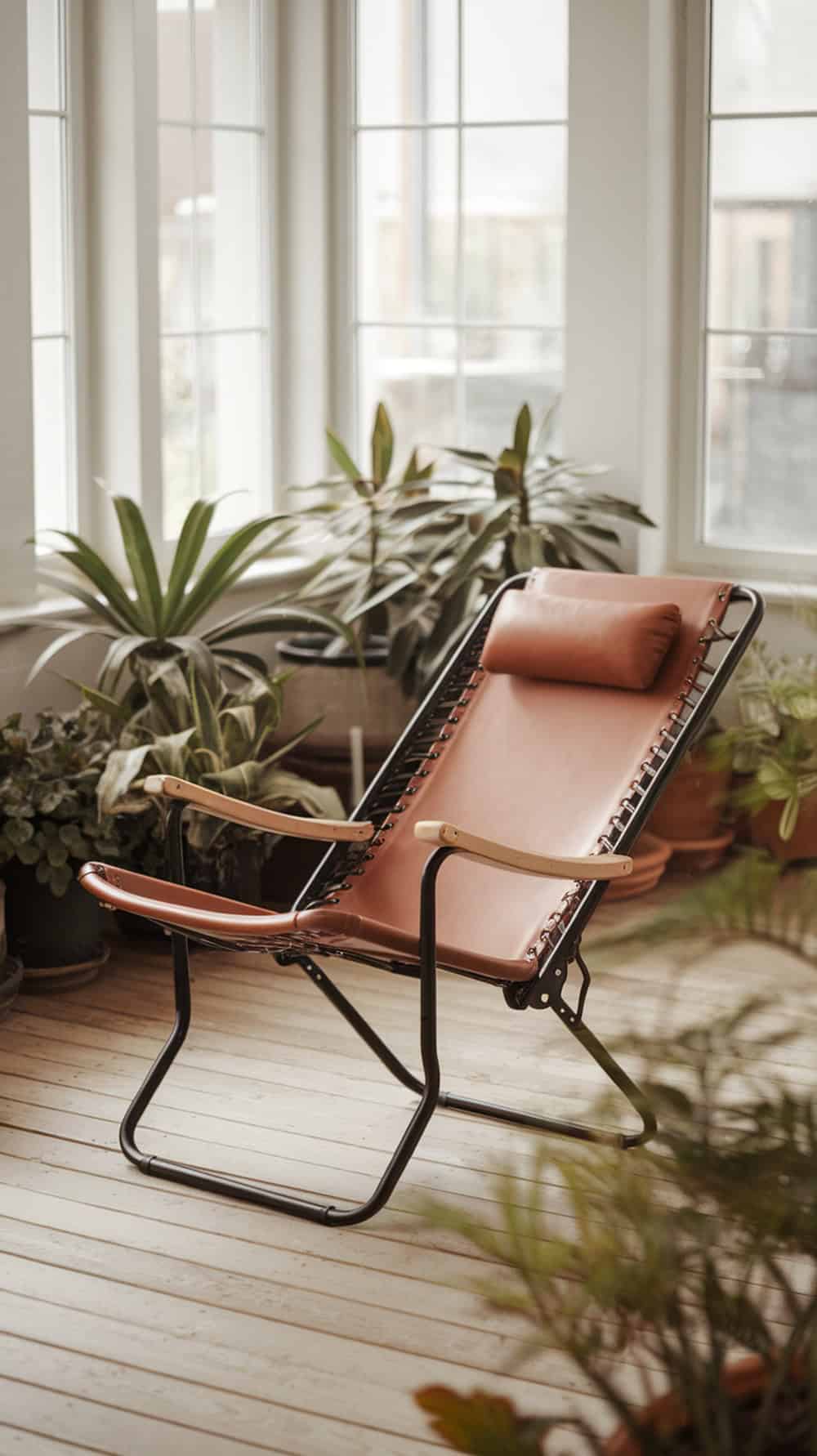 A foldable lounge chair with a brown cushion in a sunroom surrounded by plants.