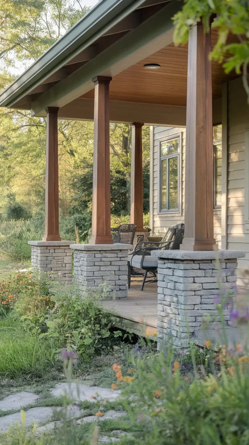A porch framed with tapered cedar posts and stacked stone bases, surrounded by greenery and flowers.