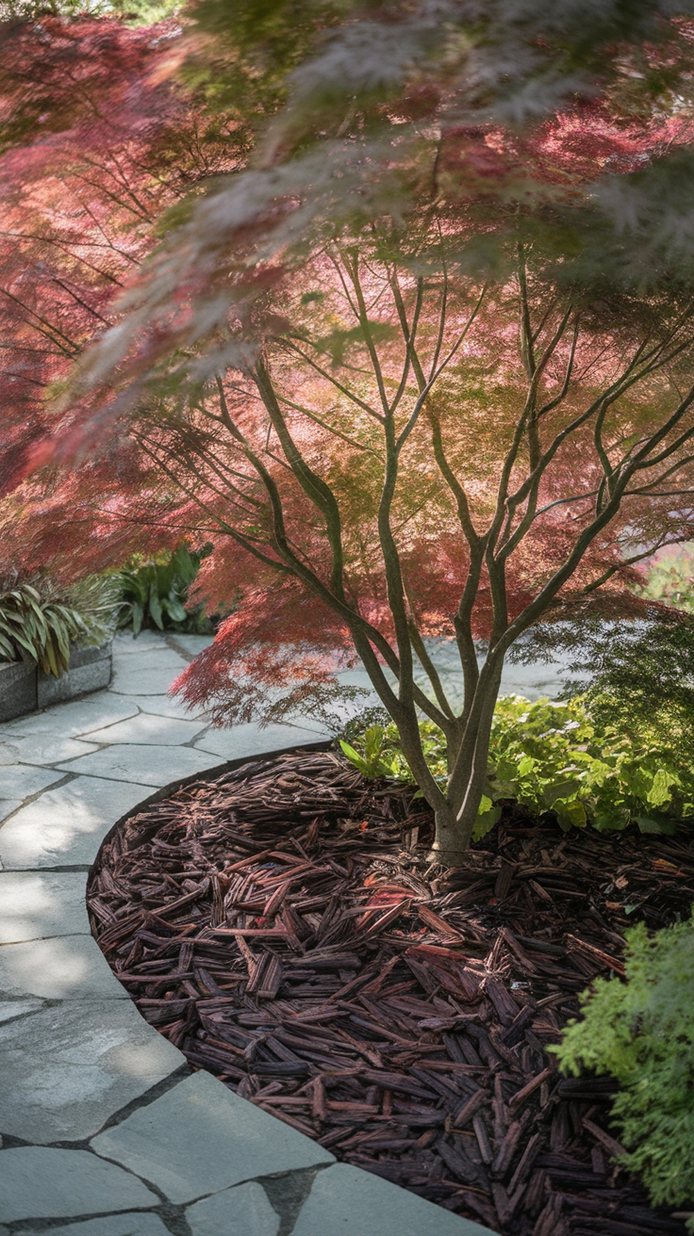 A Japanese maple tree framed with a curved mulch bed and stone pathway.