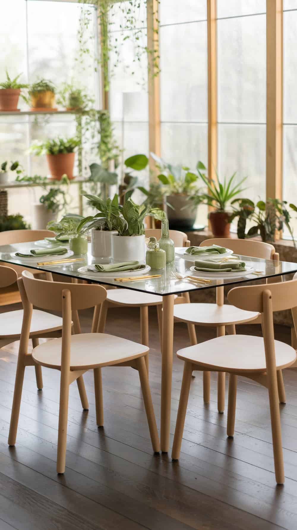 A glass-top dining table surrounded by light wood chairs, set with green plates and surrounded by plants in a bright sunroom.