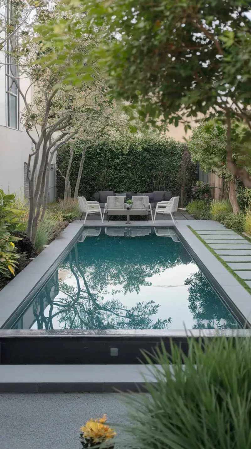 A modern pool with glass walls surrounded by plants and a seating area