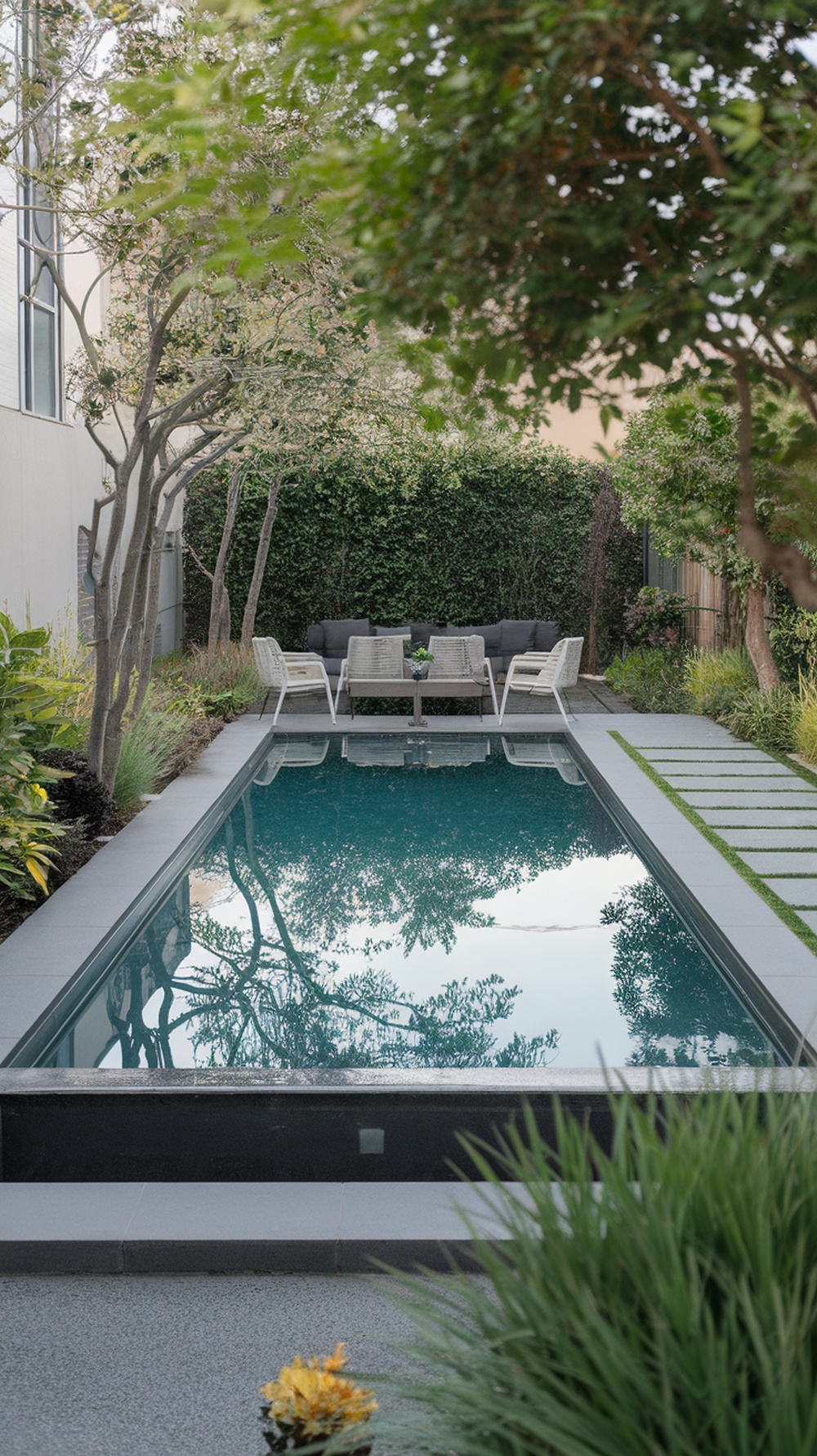 A modern pool with glass walls surrounded by plants and a seating area
