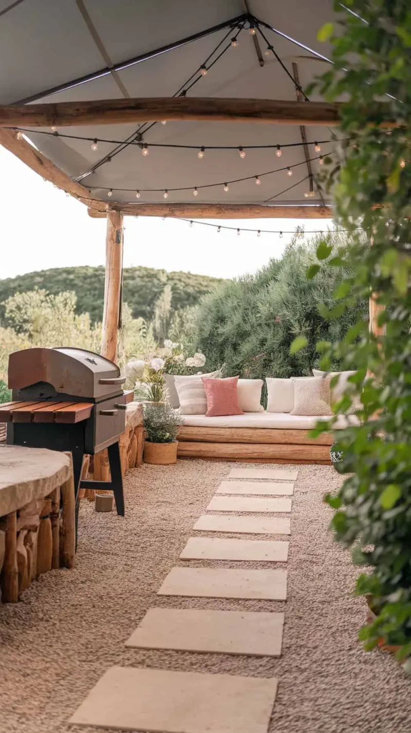 A cozy BBQ area featuring a gravel floor, a canopy, string lights, a grill, and a comfortable seating area.