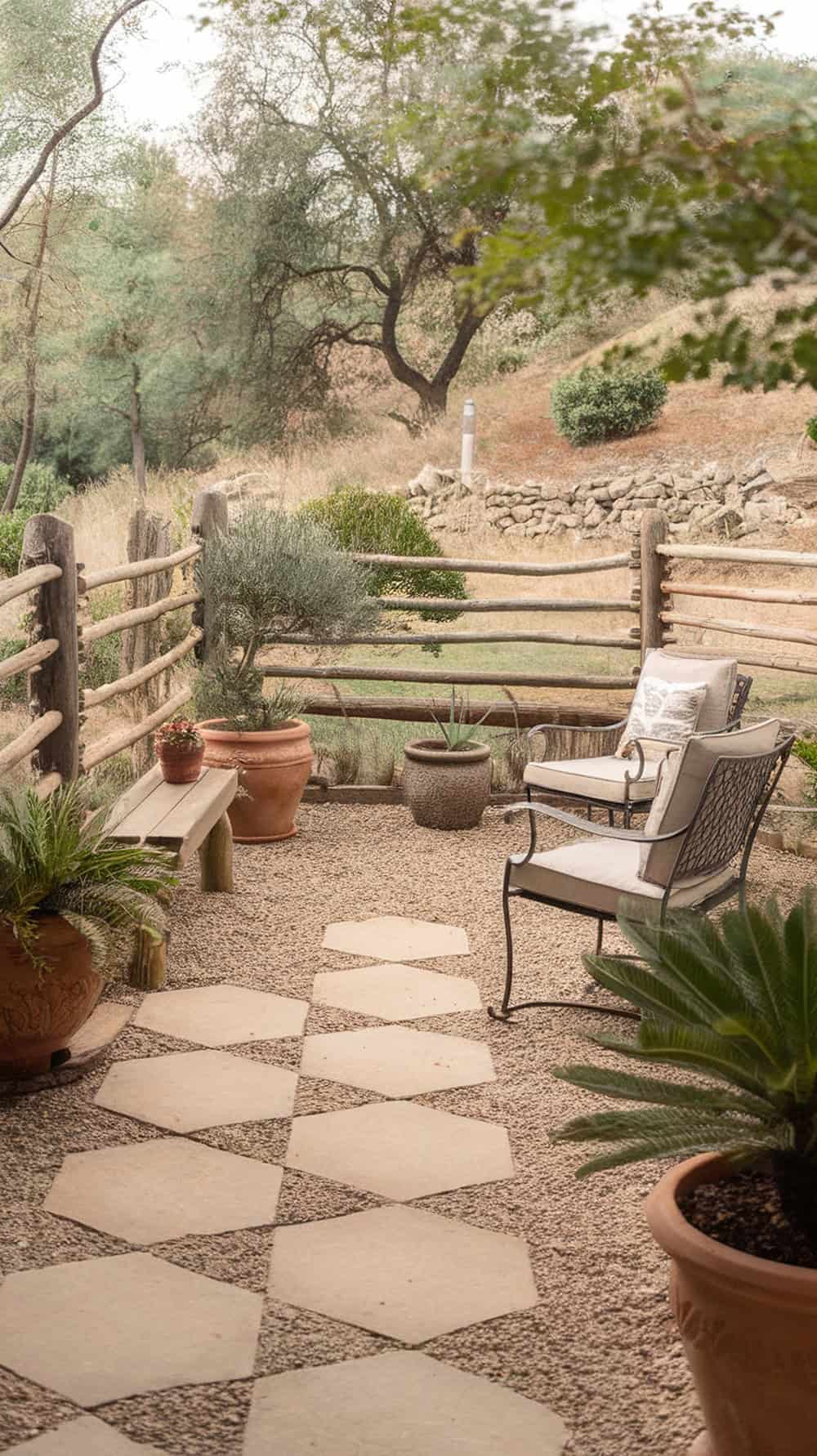 A cozy patio with gravel flooring and stepping stones, surrounded by potted plants.