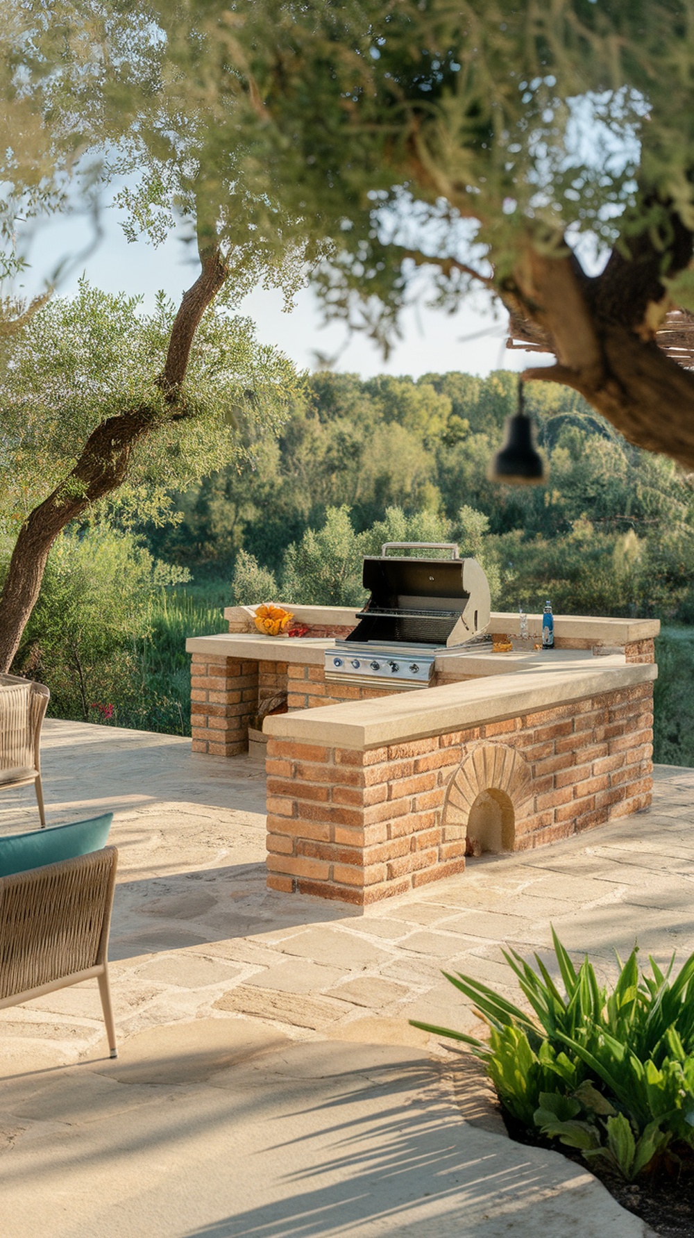 A grill station made of stone and brick with an open grill and seating area in a backyard.