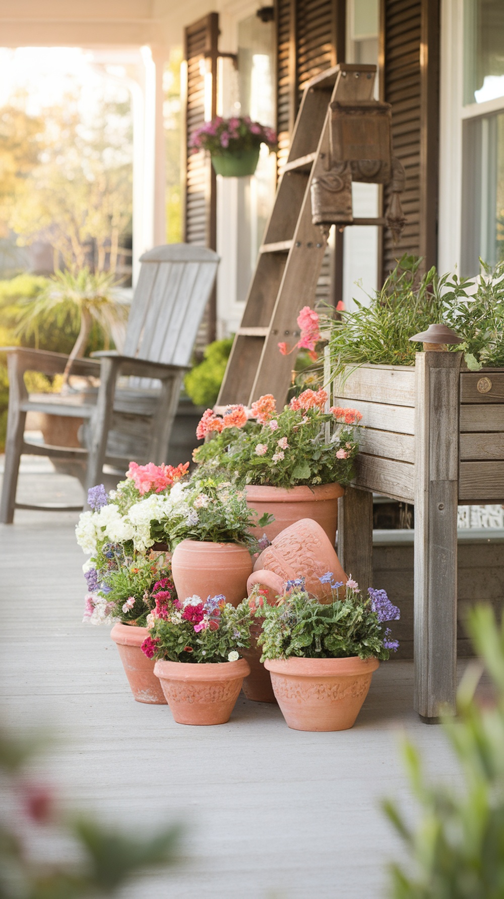 A collection of terra cotta pots filled with colorful flowers on a porch