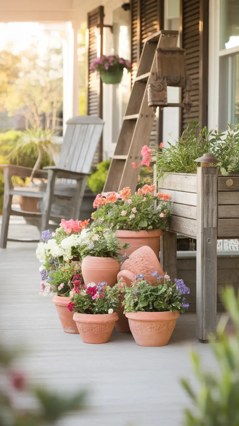 A collection of terra cotta pots filled with colorful flowers on a porch