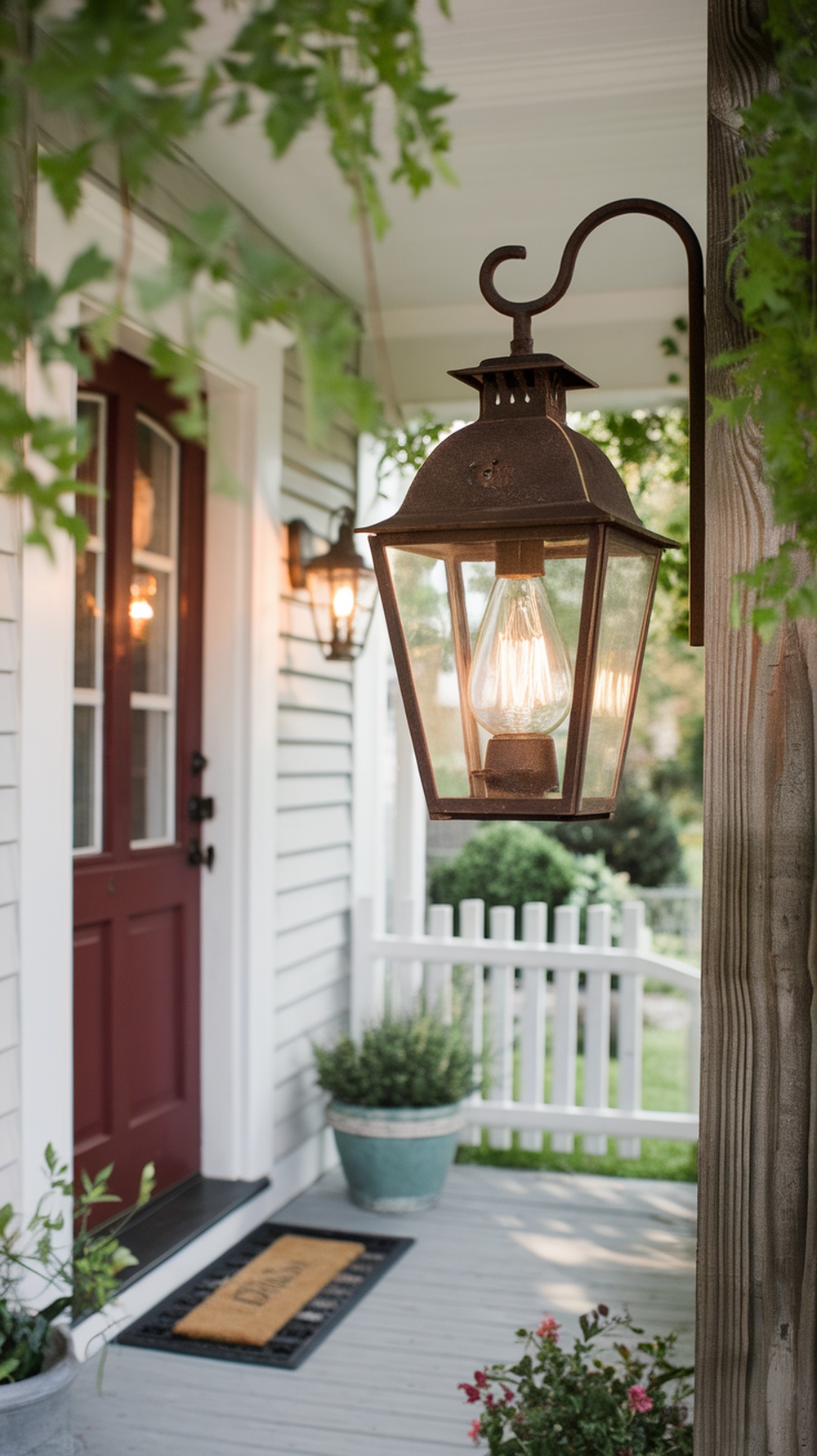A classic lantern-style light hanging beside a front door on a porch, surrounded by greenery and a welcoming atmosphere.