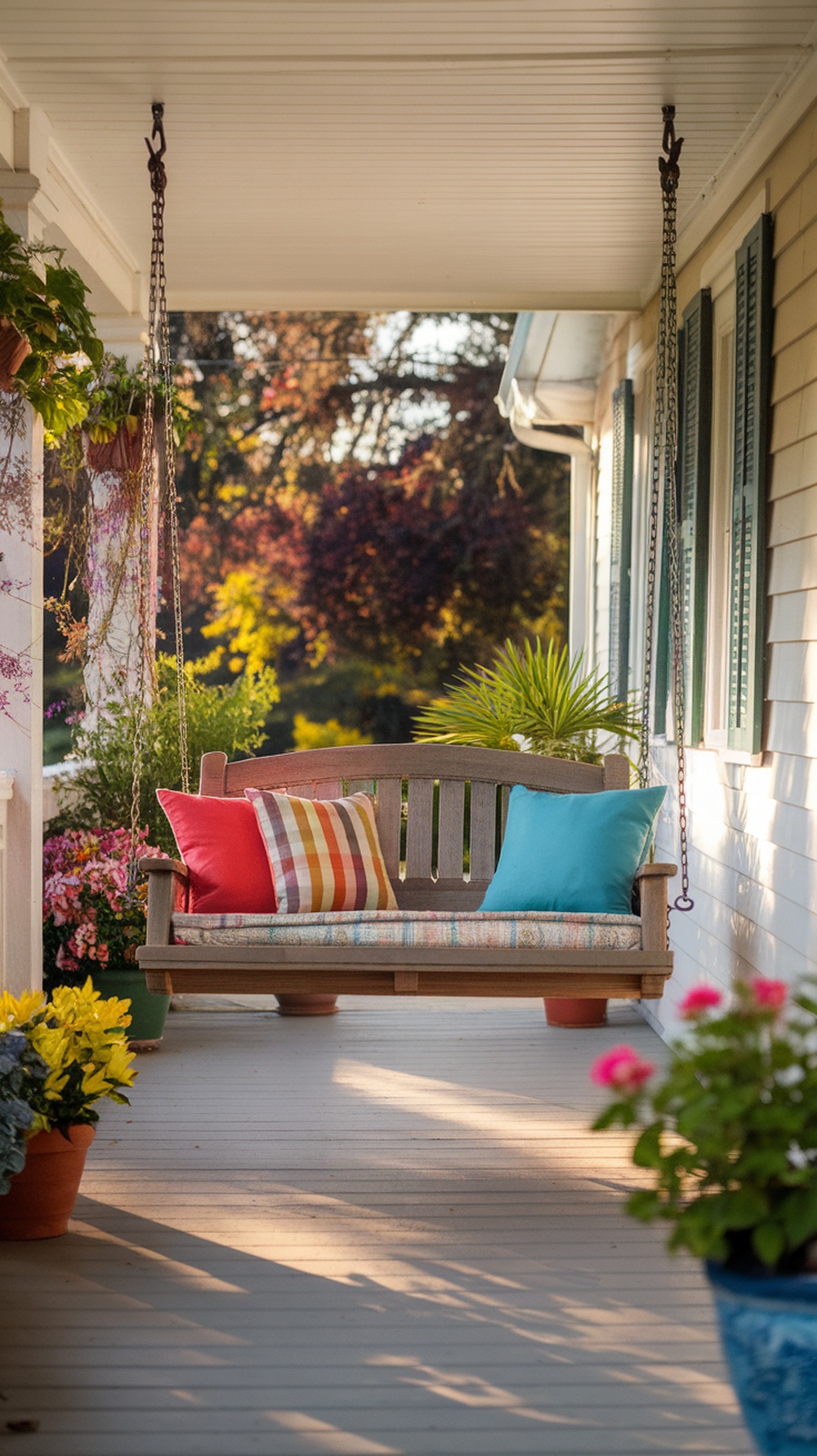 A classic wooden swing with colorful cushions on a front porch surrounded by plants and flowers.
