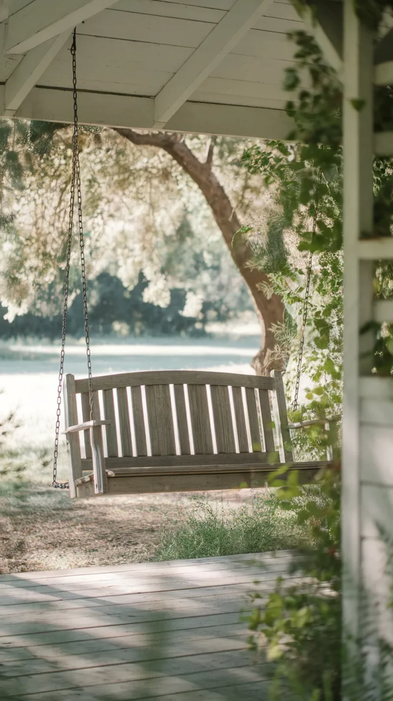 A rustic farmhouse-style swing made of distressed wood, hanging in a serene outdoor setting.