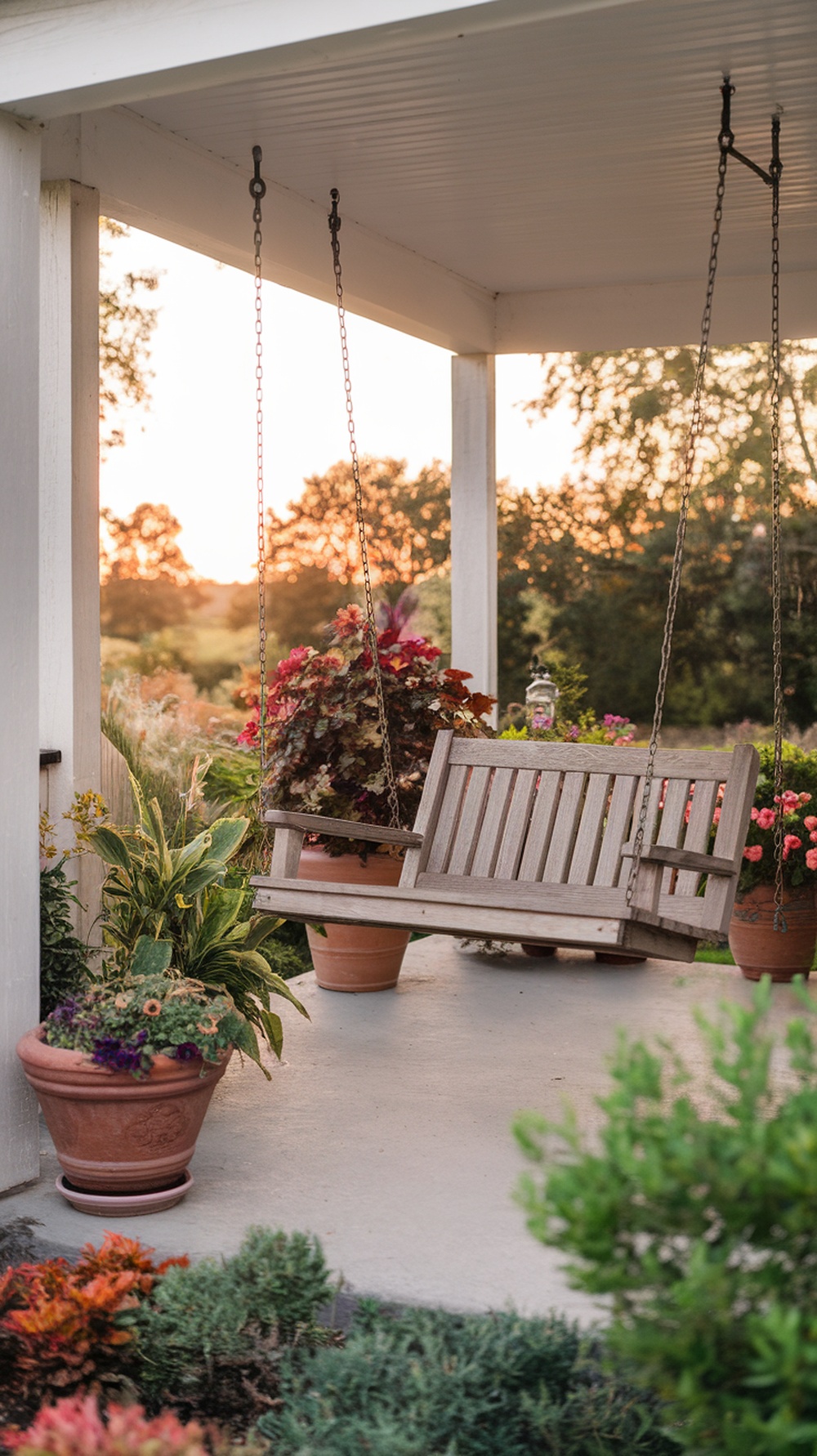 A wooden porch swing hanging between two posts with metal chains, surrounded by colorful potted plants and a beautiful sunset.