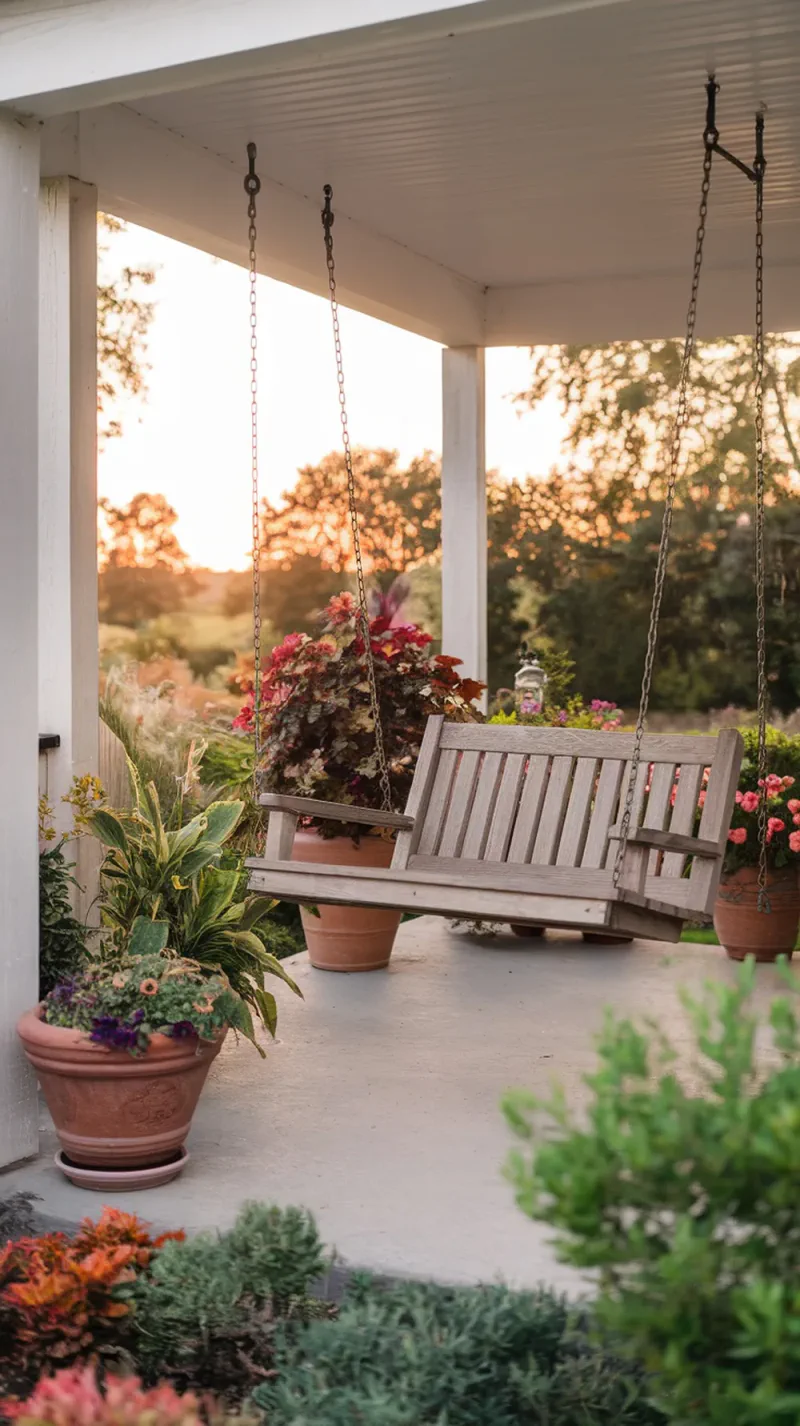 A wooden porch swing hanging between two posts with metal chains, surrounded by colorful potted plants and a beautiful sunset.