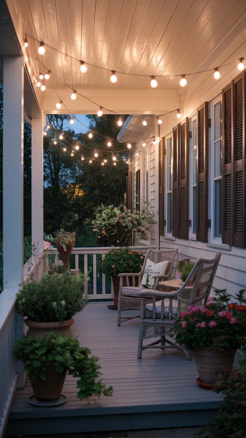 A cozy front porch illuminated with Edison bulb string lights, surrounded by potted plants and comfortable seating.