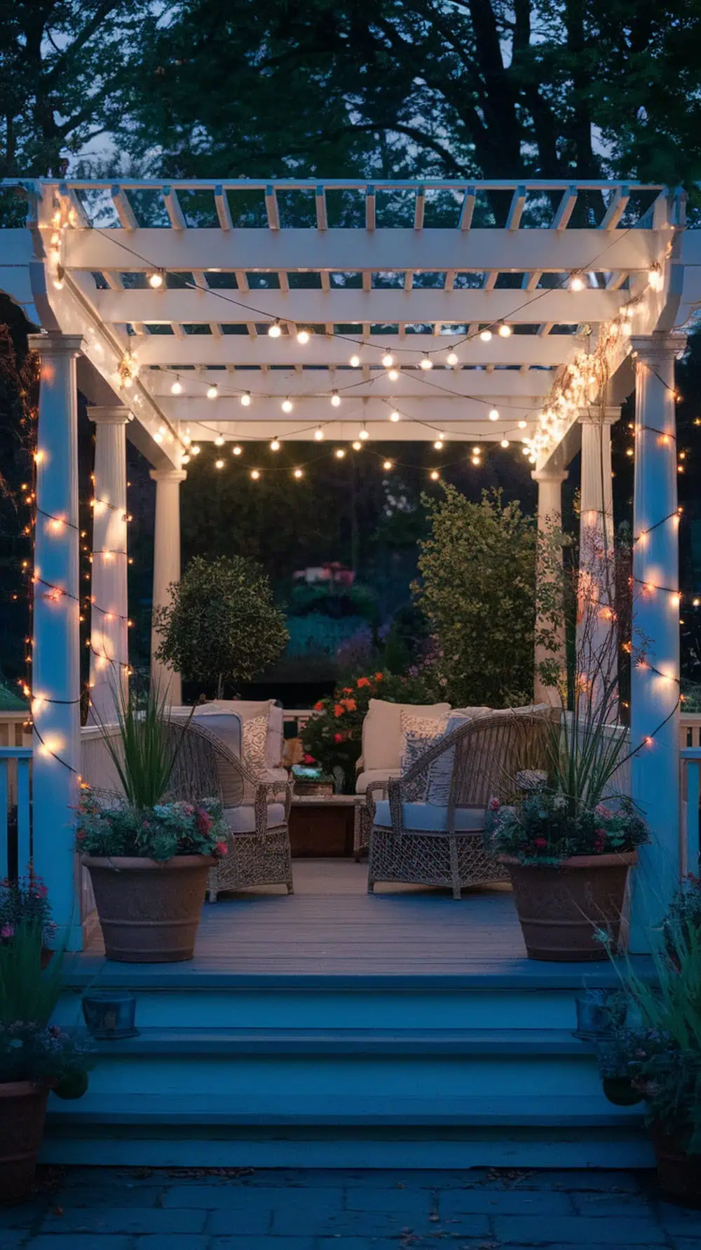 A front porch pergola with string lights creating a warm, inviting atmosphere at night.