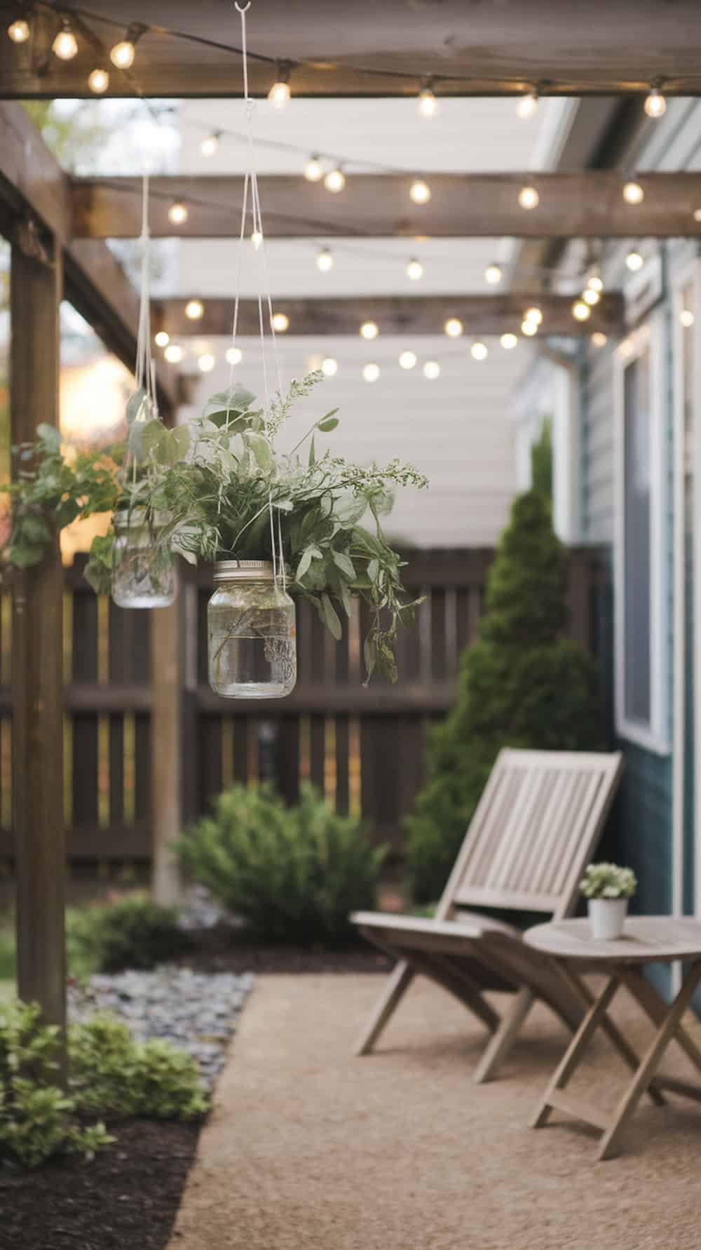 Hanging planters made from mason jars with plants, illuminated by string lights in a back patio setting.