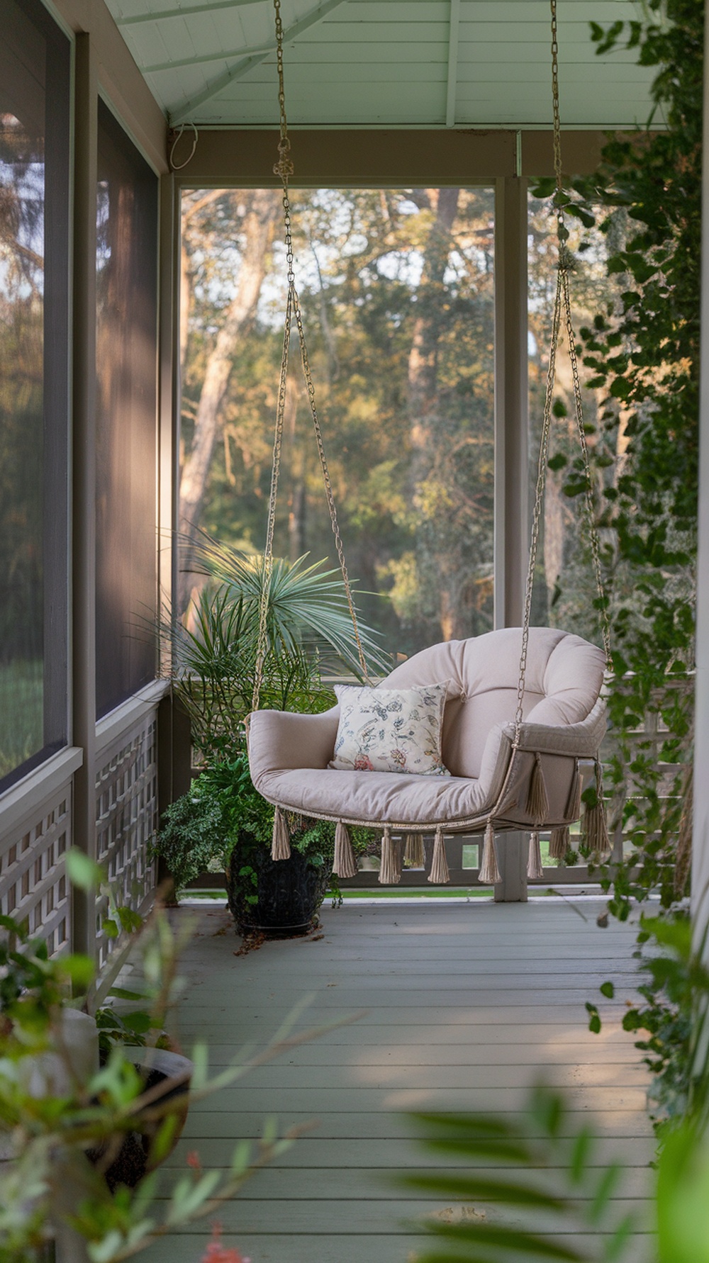 A cozy hanging swing chair with plush cushions on a screened-in porch surrounded by plants.