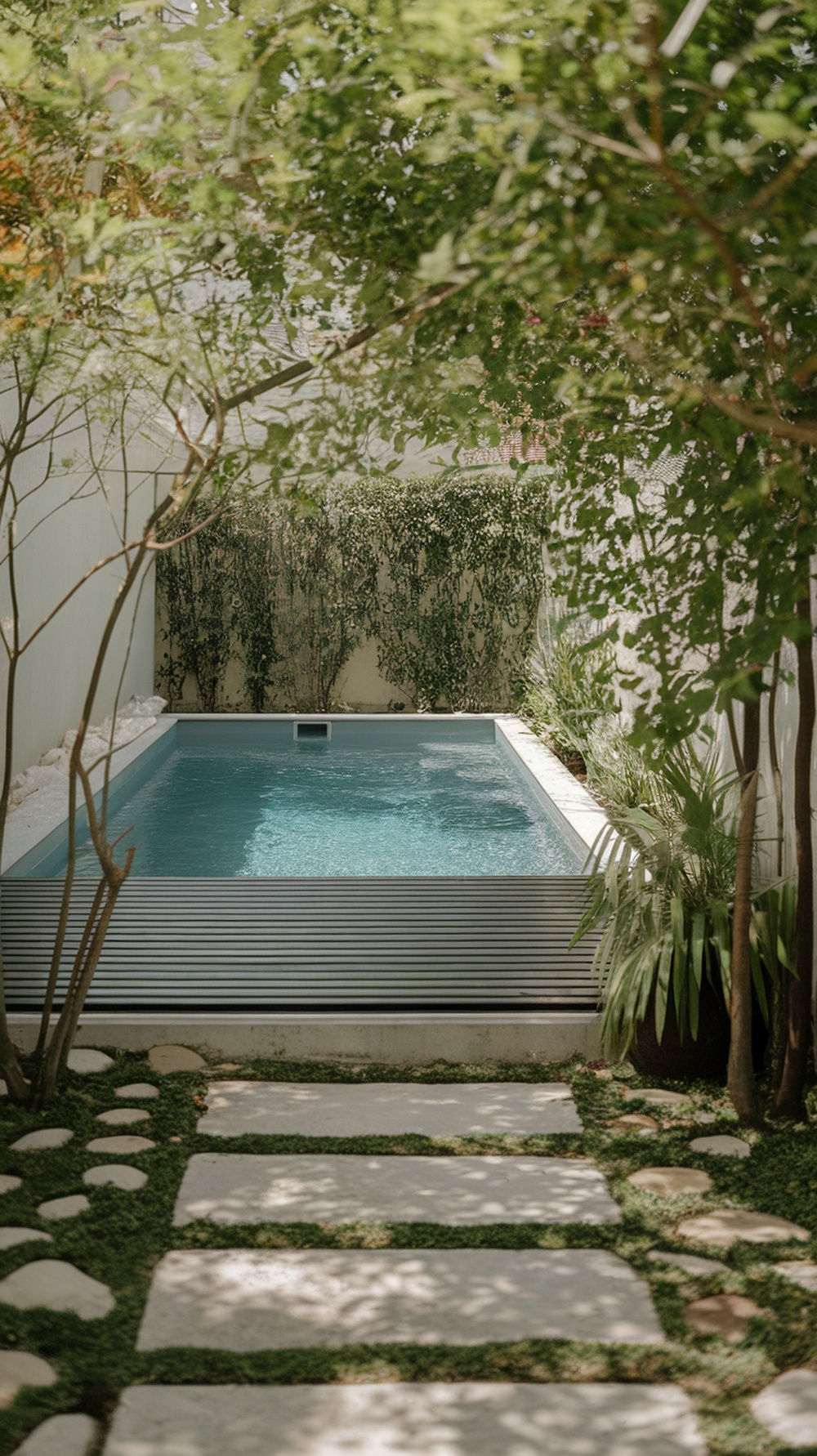 A small hidden pool with a sliding deck cover, surrounded by greenery and stone pathways.