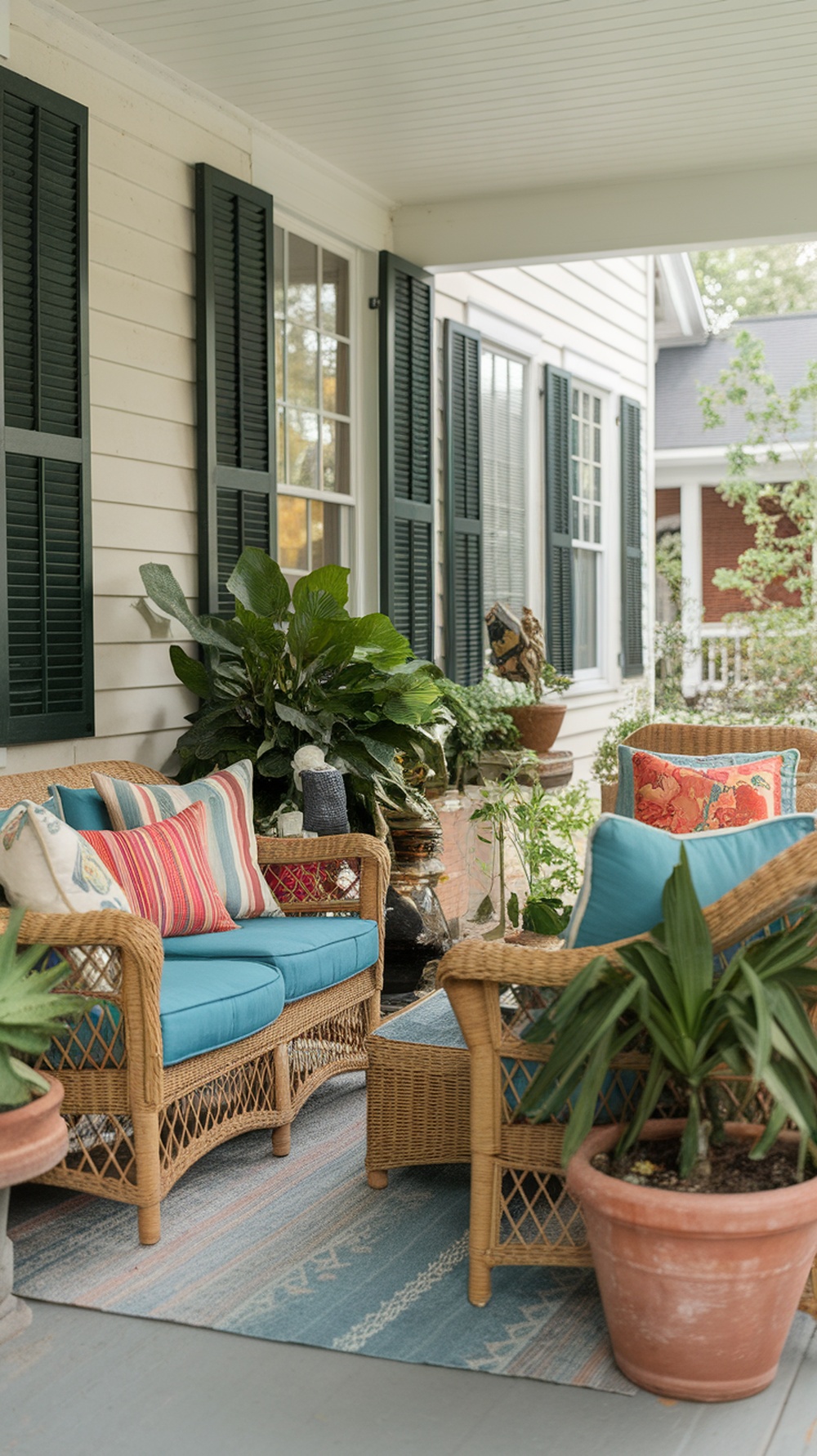 A cozy wicker sofa set on a front porch with colorful cushions and plants.