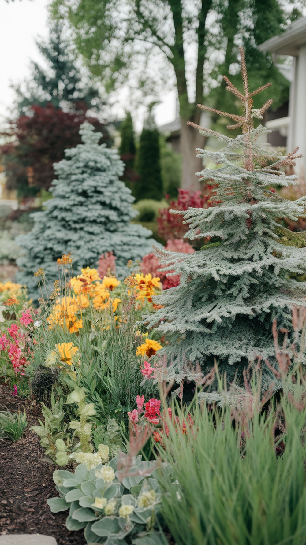A flower bed with evergreen trees and colorful flowers.
