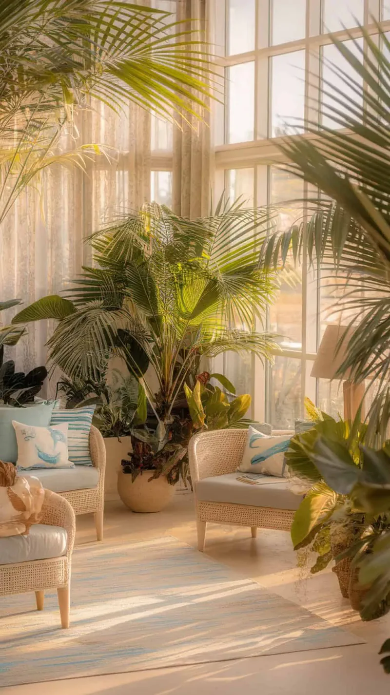 Living room with indoor palm and tropical plants