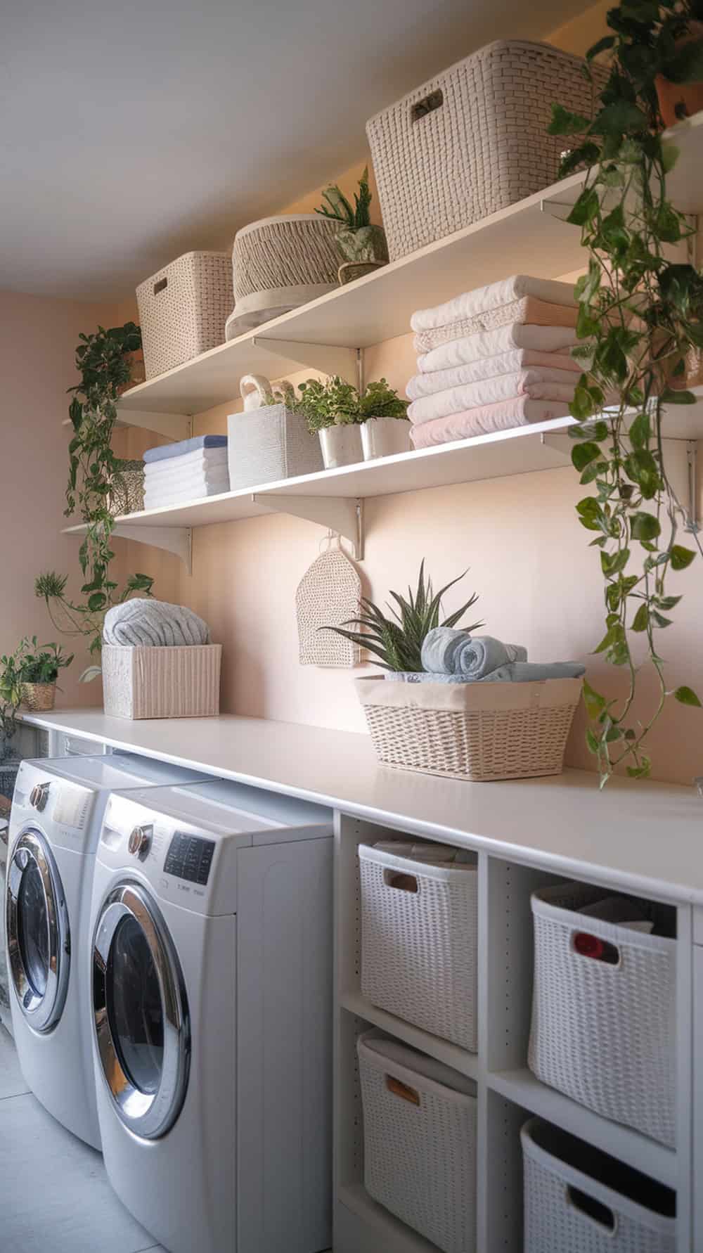 A well-organized laundry room with a long shelf above the machines, featuring neatly arranged towels and decorative baskets.