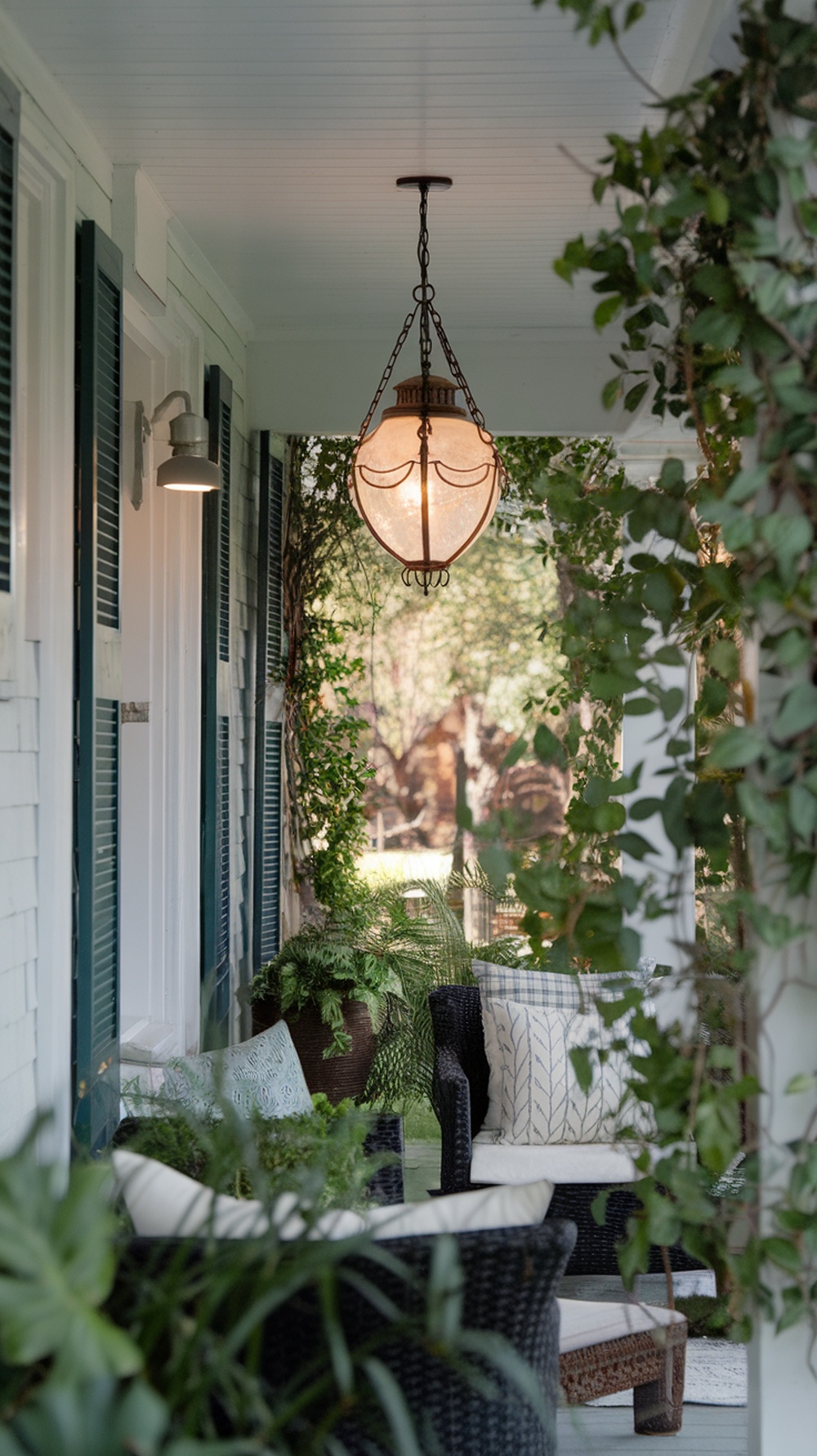 A cozy front porch with a pendant light hanging above seating and greenery.