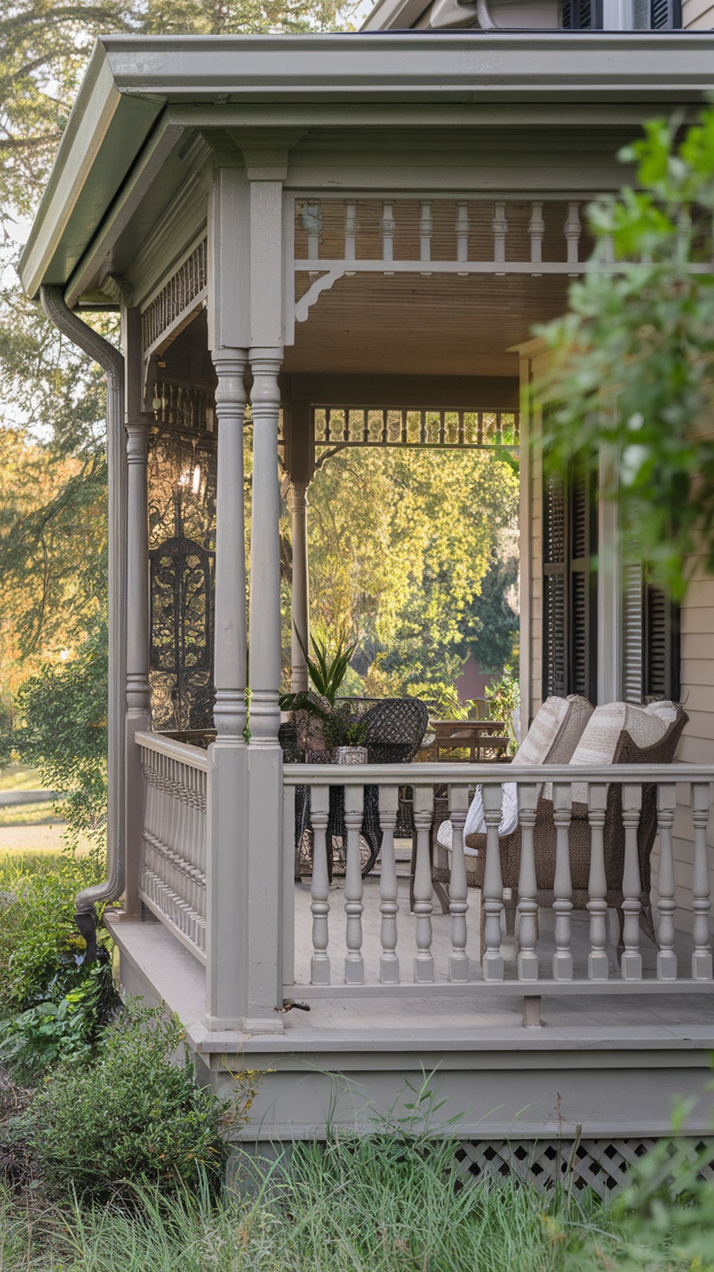 Front porch with decorative railings and spindles