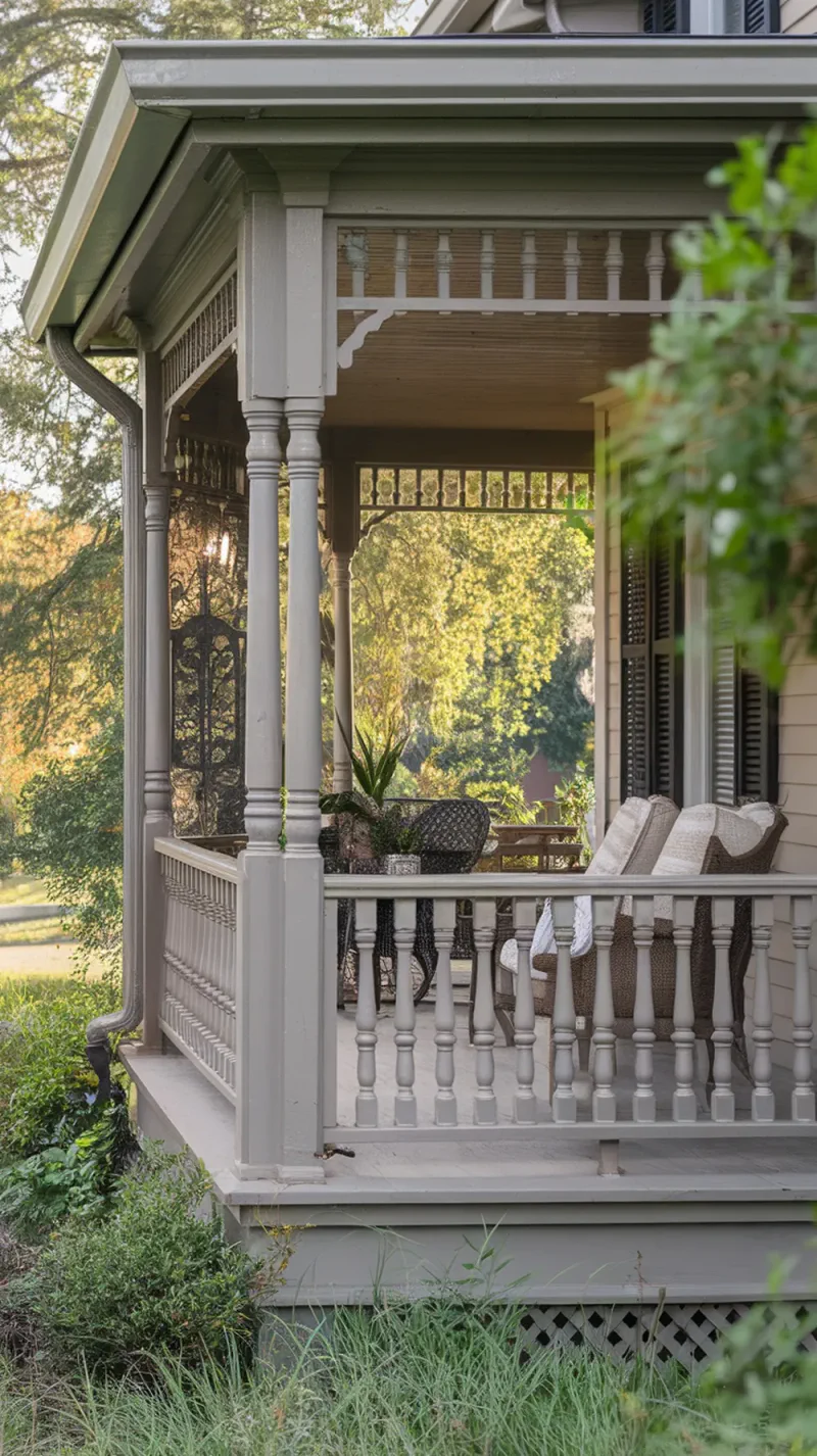 Front porch with decorative railings and spindles