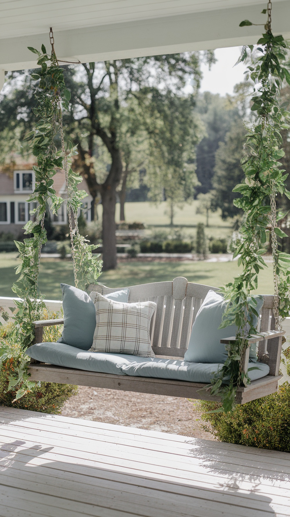 A two-person swing on a porch surrounded by greenery