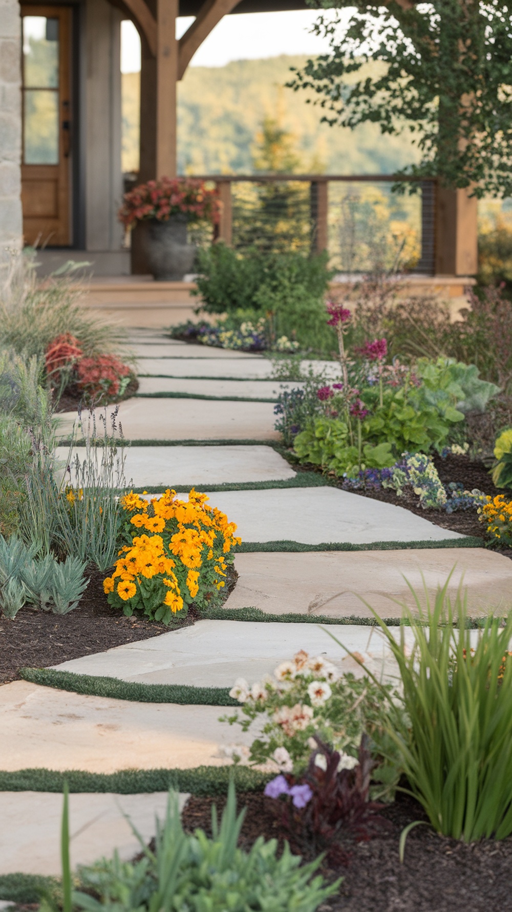 A gently sloped walkway made of stone slabs surrounded by colorful flowers and greenery.
