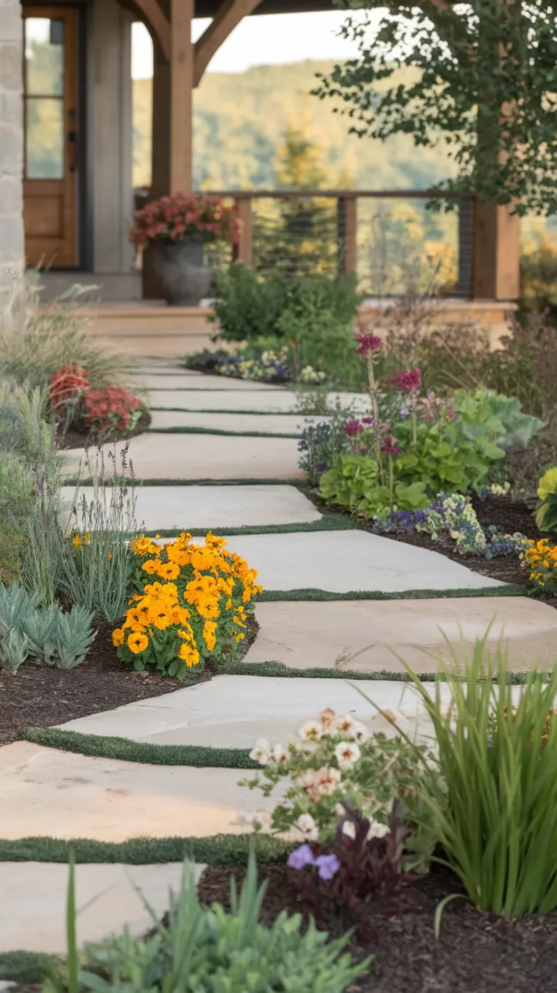 A gently sloped walkway made of stone slabs surrounded by colorful flowers and greenery.
