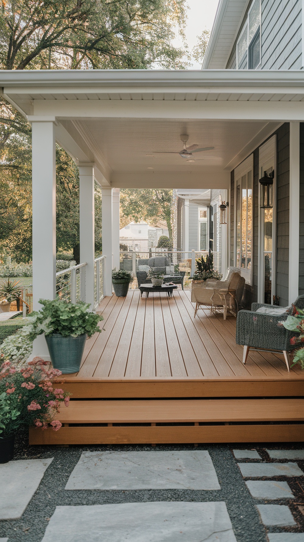 A front porch featuring composite decking, surrounded by plants and cozy seating.