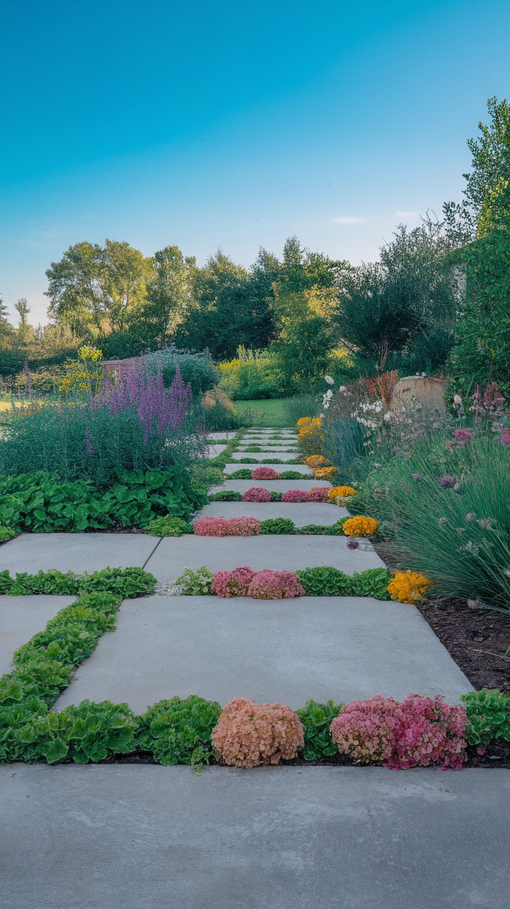 Front yard walkway featuring concrete slabs with colorful ground cover plants in the gaps.