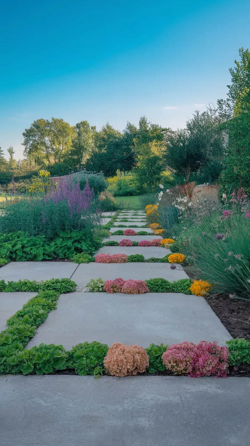 Front yard walkway featuring concrete slabs with colorful ground cover plants in the gaps.