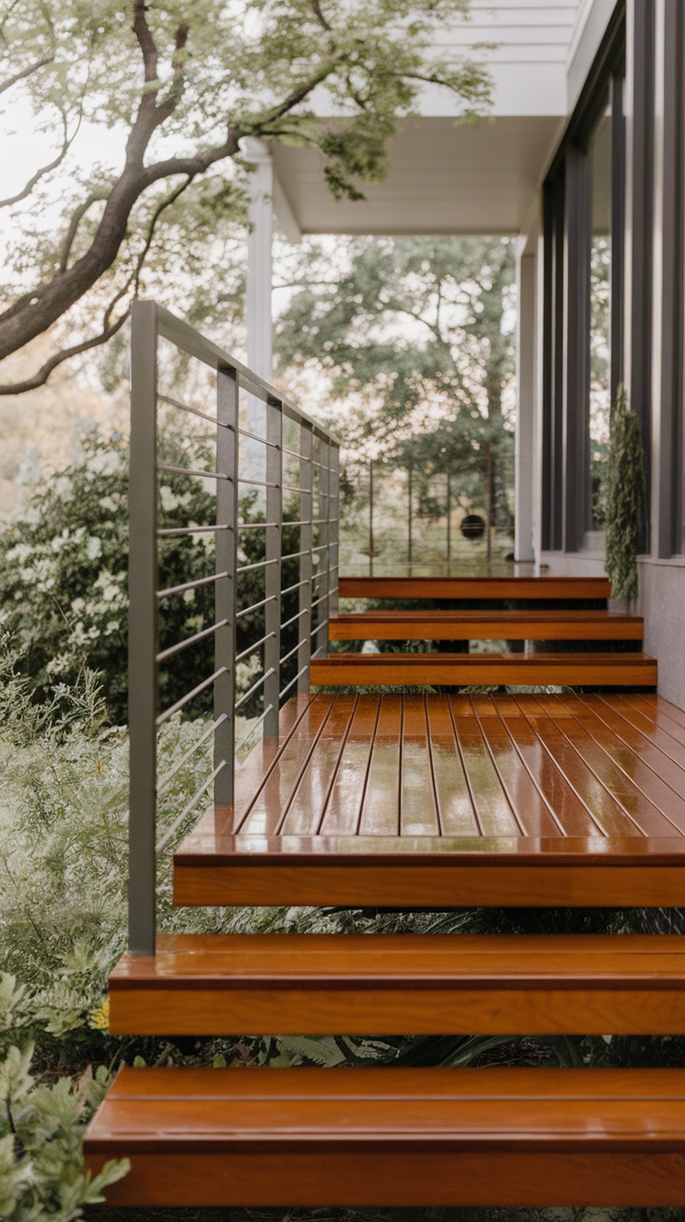 Floating steps on a modern front porch with a railing